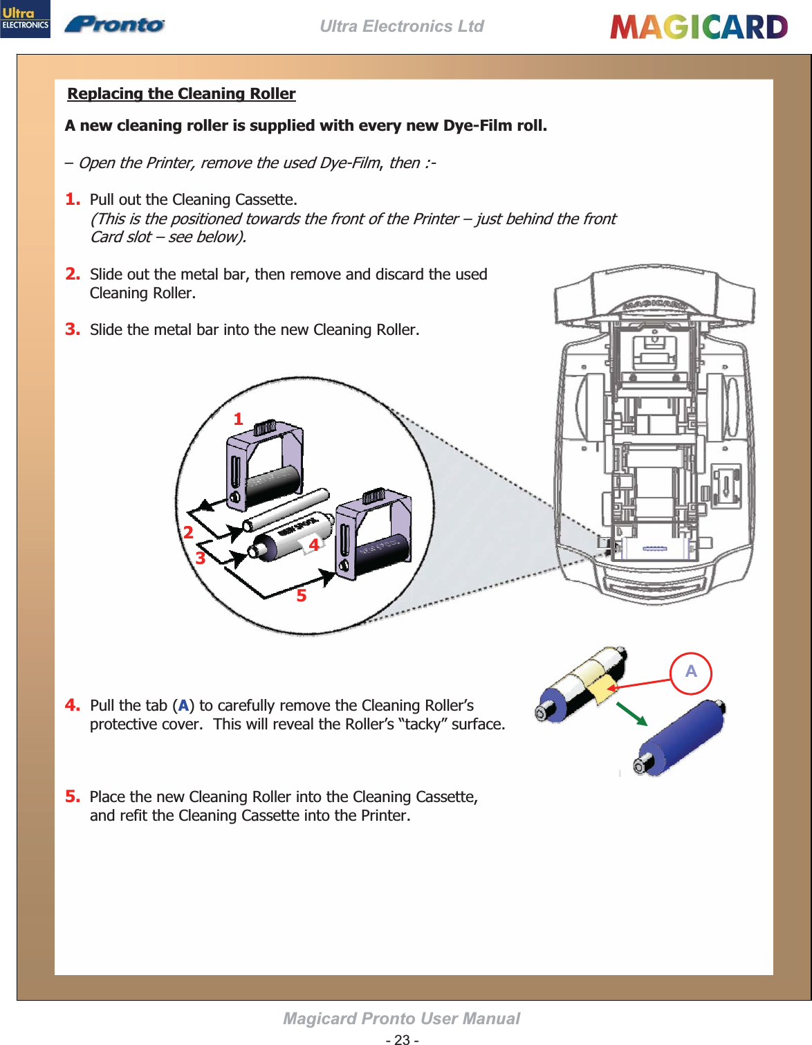 Ultra Electronics Ltd Magicard Pronto User Manual Replacing the Cleaning RollerA new cleaning roller is supplied with every new Dye-Film roll. 1.2.3.$$24. A5. 2212345