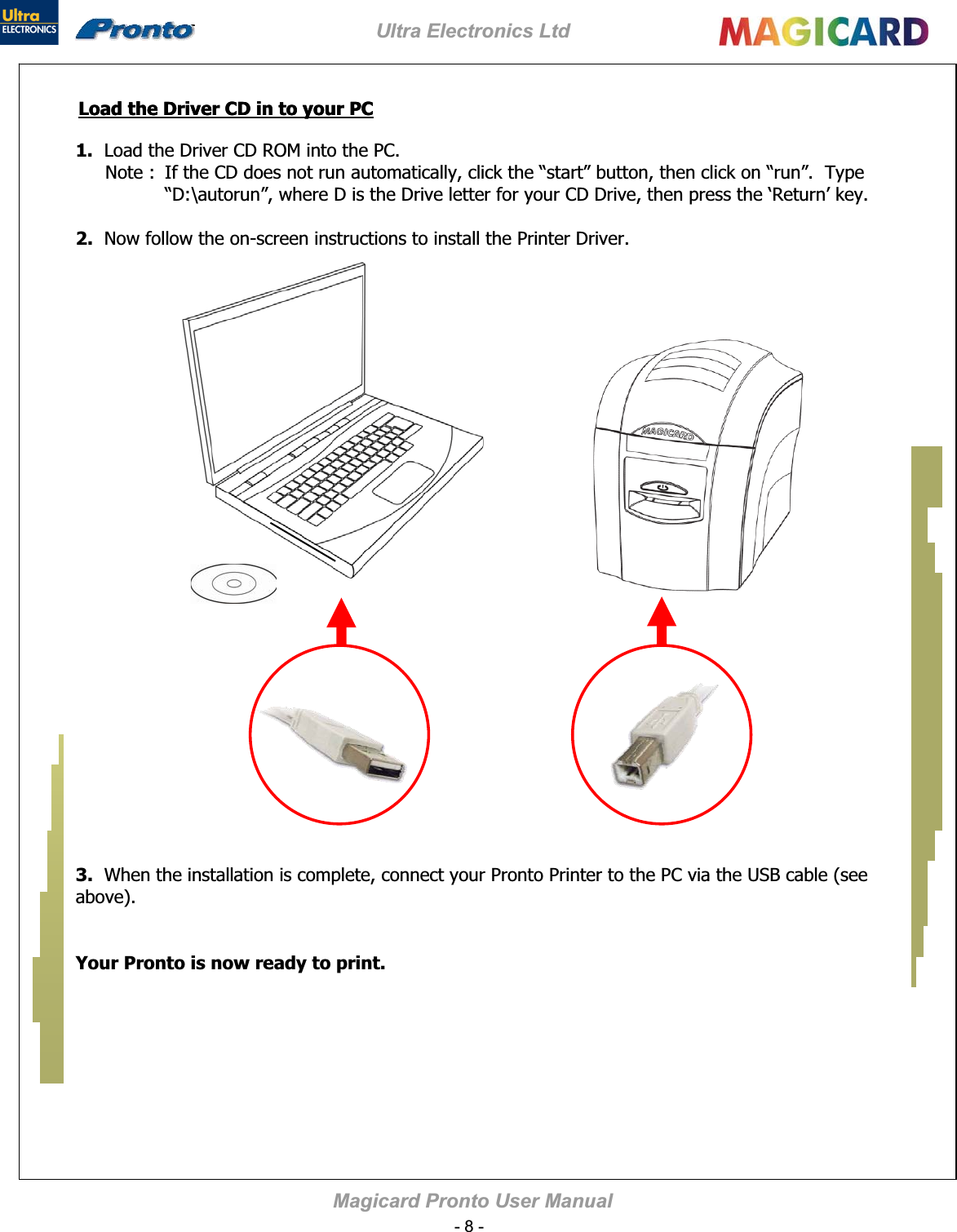 Ultra Electronics Ltd Magicard Pronto User Manual    1. 2.3.Your Pronto is now ready to print.Load the Driver CD in to your PCLoad the Driver CD in to your PC