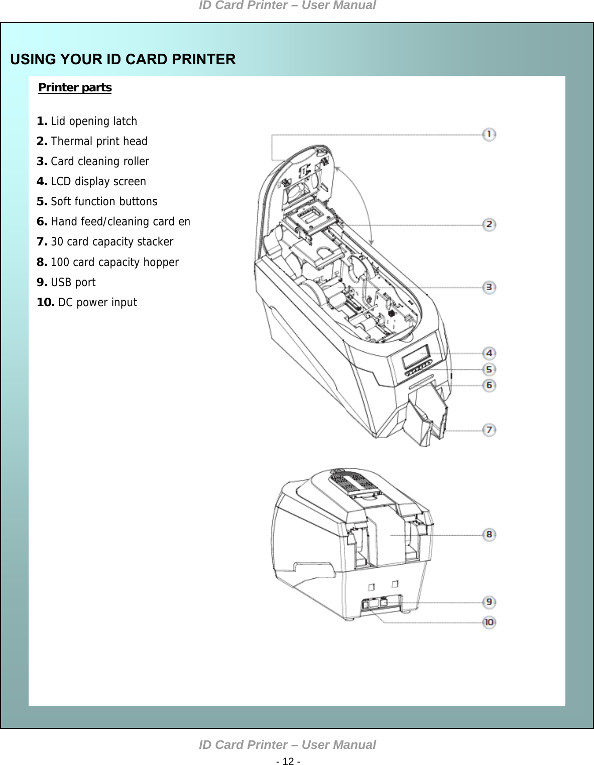 ID Card Printer – User Manual ID Card Printer – User Manual  - 12 -  USING YOUR ID CARD PRINTER  Printer parts   1. Lid opening latch 2. Thermal print head 3. Card cleaning roller 4. LCD display screen 5. Soft function buttons 6. Hand feed/cleaning card entry 7. 30 card capacity stacker 8. 100 card capacity hopper 9. USB port 10. DC power input                     