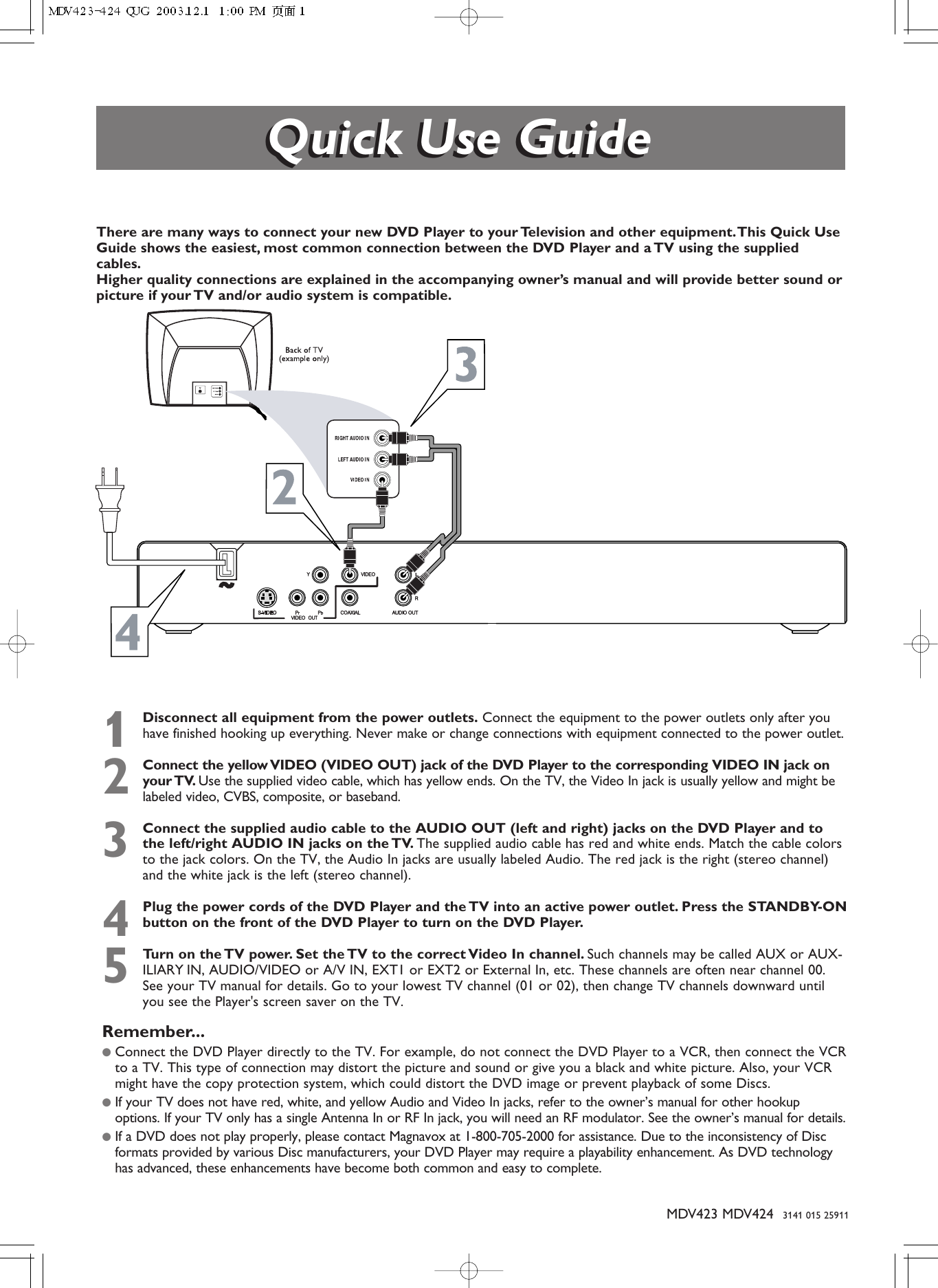Page 1 of 2 - Magnavox Magnavox-Mdv423-Users-Manual- MDV423-424 QUG  Magnavox-mdv423-users-manual