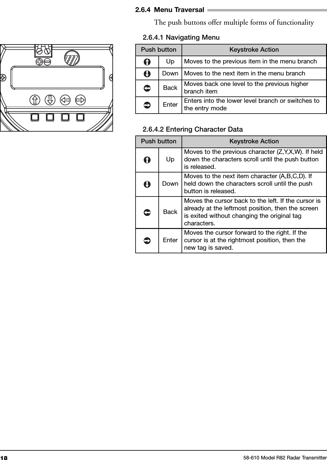 2.6.4 Menu TraversalThe push buttons offer multiple forms of functionality18 58-610 Model R82 Radar TransmitterPush button Keystroke ActionUp Moves to the previous item in the menu branchDown Moves to the next item in the menu branchBack Moves back one level to the previous higherbranch itemEnter Enters into the lower level branch or switches tothe entry modePush button Keystroke ActionUpMoves to the previous character (Z,Y,X,W). If helddown the characters scroll until the push buttonis released.DownMoves to the next item character (A,B,C,D). Ifheld down the characters scroll until the pushbutton is released.BackMoves the cursor back to the left. If the cursor isalready at the leftmost position, then the screenis exited without changing the original tagcharacters.EnterMoves the cursor forward to the right. If thecursor is at the rightmost position, then thenew tag is saved.2.6.4.1 Navigating Menu2.6.4.2 Entering Character Data