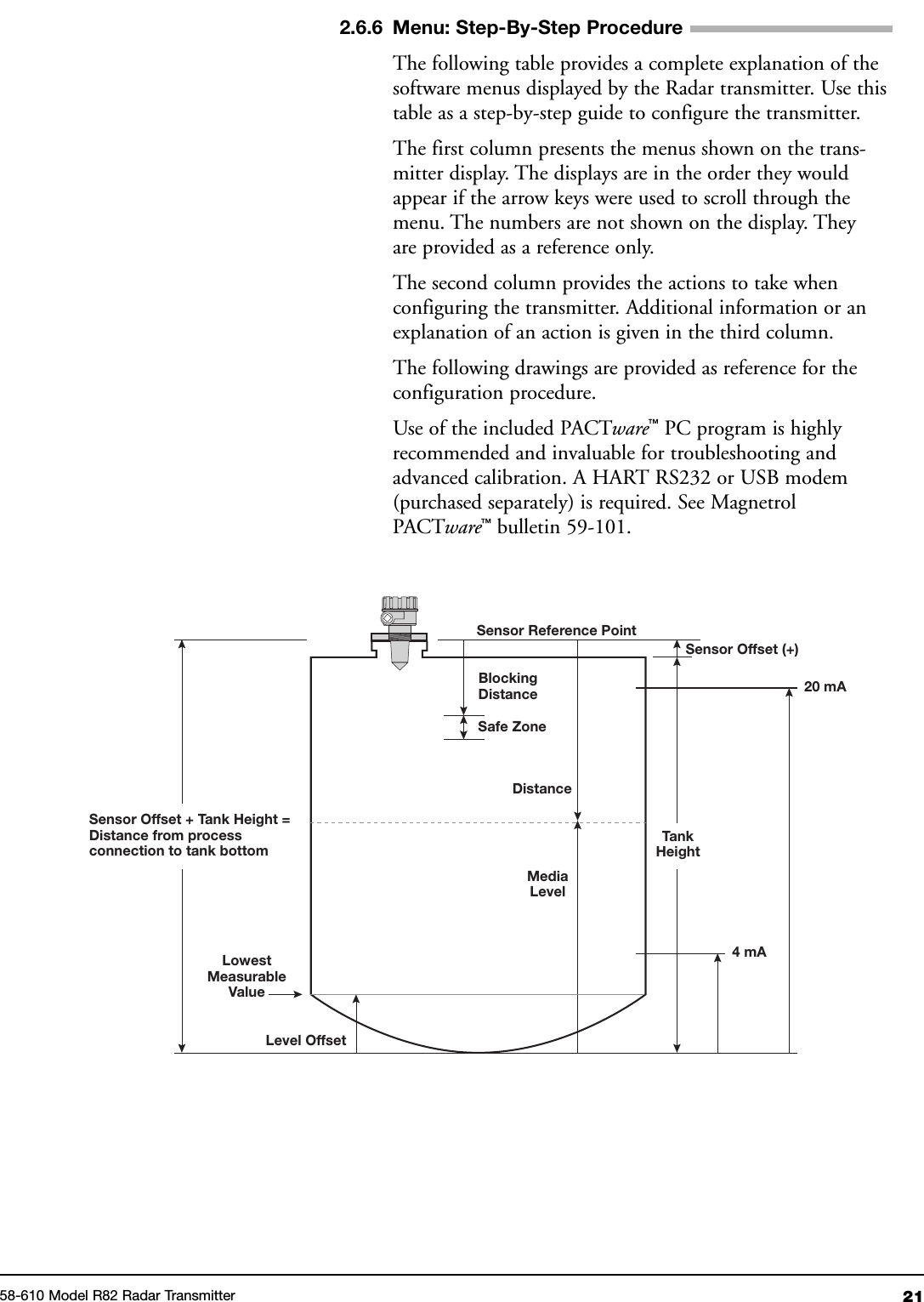 2158-610 Model R82 Radar Transmitter2.6.6 Menu: Step-By-Step ProcedureThe following table provides a complete explanation of thesoftware menus displayed by the Radar transmitter. Use thistable as a step-by-step guide to configure the transmitter.The first column presents the menus shown on the trans-mitter display. The displays are in the order they wouldappear if the arrow keys were used to scroll through themenu. The numbers are not shown on the display. Theyare provided as a reference only.The second column provides the actions to take whenconfiguring the transmitter. Additional information or anexplanation of an action is given in the third column.The following drawings are provided as reference for theconfiguration procedure.Use of the included PACTware™PC program is highlyrecommended and invaluable for troubleshooting andadvanced calibration. A HART RS232 or USB modem(purchased separately) is required. See MagnetrolPACTware™bulletin 59-101.TankHeightSensor Offset + Tank Height =Distance from processconnection to tank bottom20 mA4 mASensor Reference PointSensor Offset (+)BlockingDistanceDistanceSafe ZoneMediaLevelLevel OffsetLowestMeasurableValue