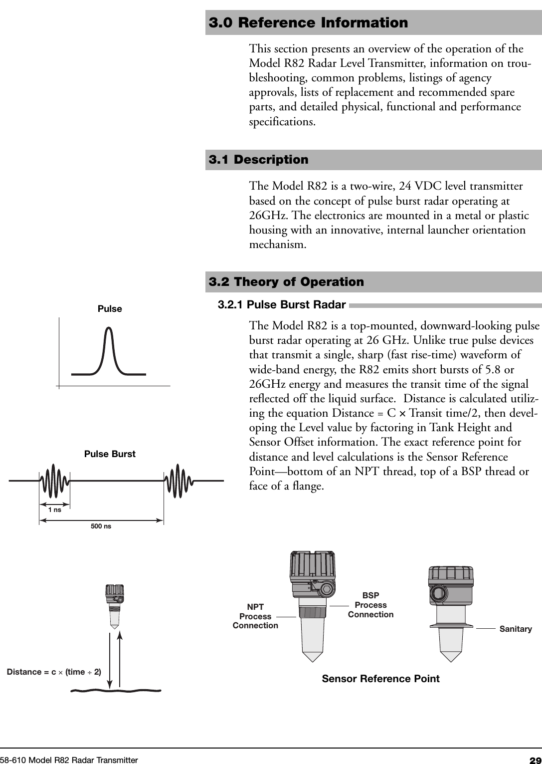 2958-610 Model R82 Radar Transmitter3.0 Reference InformationThis section presents an overview of the operation of theModel R82 Radar Level Transmitter, information on trou-bleshooting, common problems, listings of agencyapprovals, lists of replacement and recommended spareparts, and detailed physical, functional and performancespecifications.3.1 DescriptionThe Model R82 is a two-wire, 24 VDC level transmitterbased on the concept of pulse burst radar operating at26GHz. The electronics are mounted in a metal or plastichousing with an innovative, internal launcher orientationmechanism.3.2 Theory of Operation3.2.1 Pulse Burst RadarThe Model R82 is a top-mounted, downward-looking pulseburst radar operating at 26 GHz. Unlike true pulse devicesthat transmit a single, sharp (fast rise-time) waveform ofwide-band energy, the R82 emits short bursts of 5.8 or26GHz energy and measures the transit time of the signalreflected off the liquid surface. Distance is calculated utiliz-ing the equation Distance = C ×Transit time/2, then devel-oping the Level value by factoring in Tank Height andSensor Offset information. The exact reference point fordistance and level calculations is the Sensor ReferencePoint—bottom of an NPT thread, top of a BSP thread orface of a flange.Distance = c ´(time ¸2)1 ns500 nsNPTProcessConnectionBSPProcessConnectionSanitarySensor Reference PointPulsePulse Burst