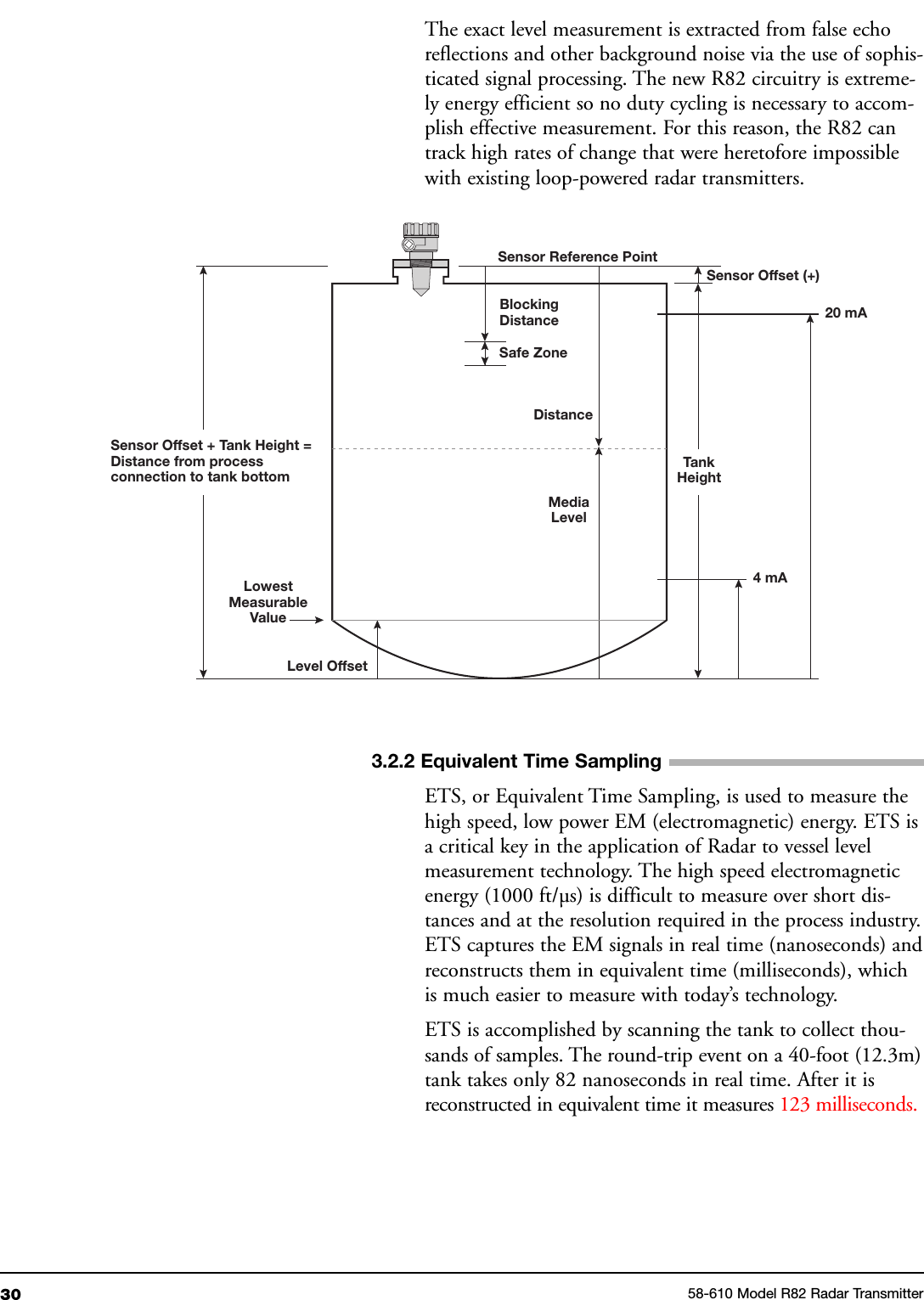 30 58-610 Model R82 Radar TransmitterThe exact level measurement is extracted from false echoreflections and other background noise via the use of sophis-ticated signal processing. The new R82 circuitry is extreme-ly energy efficient so no duty cycling is necessary to accom-plish effective measurement. For this reason, the R82 cantrack high rates of change that were heretofore impossiblewith existing loop-powered radar transmitters.3.2.2 Equivalent Time SamplingETS, or Equivalent Time Sampling, is used to measure thehigh speed, low power EM (electromagnetic) energy. ETS isa critical key in the application of Radar to vessel levelmeasurement technology. The high speed electromagneticenergy (1000 ft/µs) is difficult to measure over short dis-tances and at the resolution required in the process industry.ETS captures the EM signals in real time (nanoseconds) andreconstructs them in equivalent time (milliseconds), whichis much easier to measure with today’s technology.ETS is accomplished by scanning the tank to collect thou-sands of samples. The round-trip event on a 40-foot (12.3m)tank takes only 82 nanoseconds in real time. After it isreconstructed in equivalent time it measures 123 milliseconds.TankHeightSensor Offset + Tank Height =Distance from processconnection to tank bottom20 mA4 mASensor Reference PointSensor Offset (+)BlockingDistanceDistanceSafe ZoneMediaLevelLevel OffsetLowestMeasurableValue