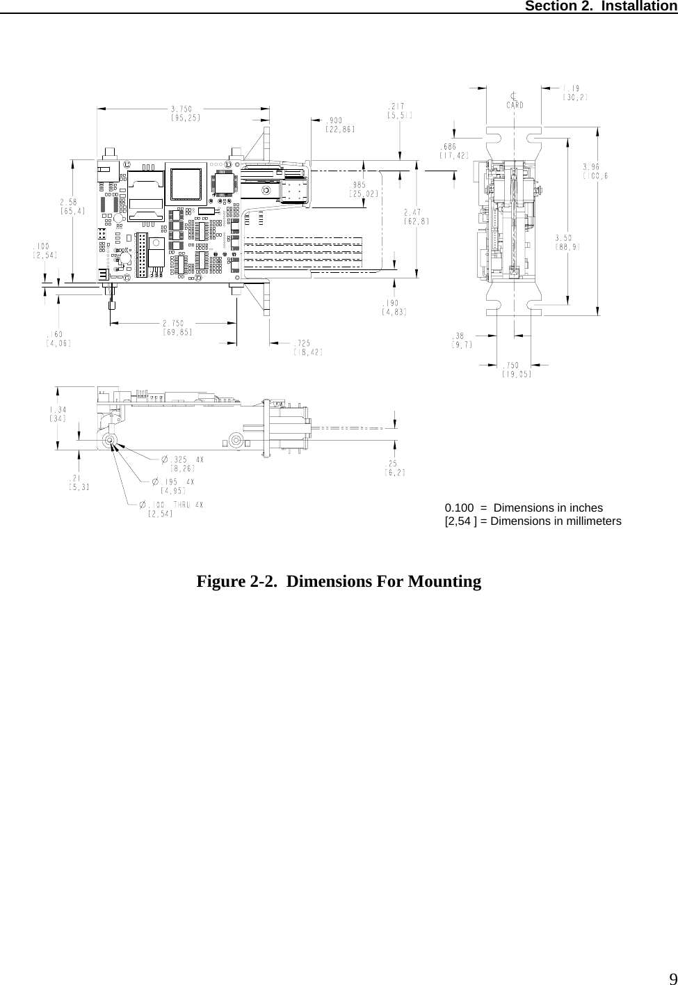  Section 2.  Installation   9 0.100  =  Dimensions in inches [2,54 ] = Dimensions in millimeters                           Figure 2-2.  Dimensions For Mounting 