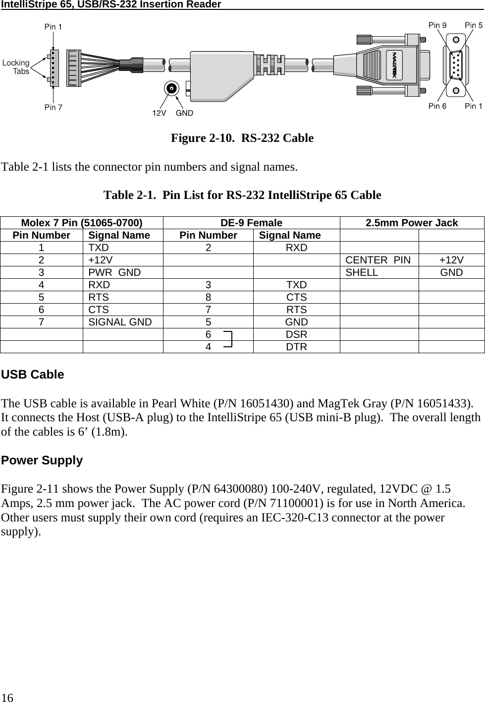 IntelliStripe 65, USB/RS-232 Insertion Reader     16 LockingTabs  Figure 2-10.  RS-232 Cable  Table 2-1 lists the connector pin numbers and signal names.  Table 2-1.  Pin List for RS-232 IntelliStripe 65 Cable  Molex 7 Pin (51065-0700)  DE-9 Female  2.5mm Power Jack Pin Number Signal Name Pin Number Signal Name   1 TXD  2  RXD    2  +12V      CENTER  PIN  +12V 3  PWR  GND      SHELL  GND 4 RXD  3  TXD    5 RTS  8  CTS    6 CTS  7  RTS    7 SIGNAL GND  5  GND       6  DSR       4  DTR     USB Cable  The USB cable is available in Pearl White (P/N 16051430) and MagTek Gray (P/N 16051433).  It connects the Host (USB-A plug) to the IntelliStripe 65 (USB mini-B plug).  The overall length of the cables is 6’ (1.8m).  Power Supply  Figure 2-11 shows the Power Supply (P/N 64300080) 100-240V, regulated, 12VDC @ 1.5 Amps, 2.5 mm power jack.  The AC power cord (P/N 71100001) is for use in North America.  Other users must supply their own cord (requires an IEC-320-C13 connector at the power supply).  