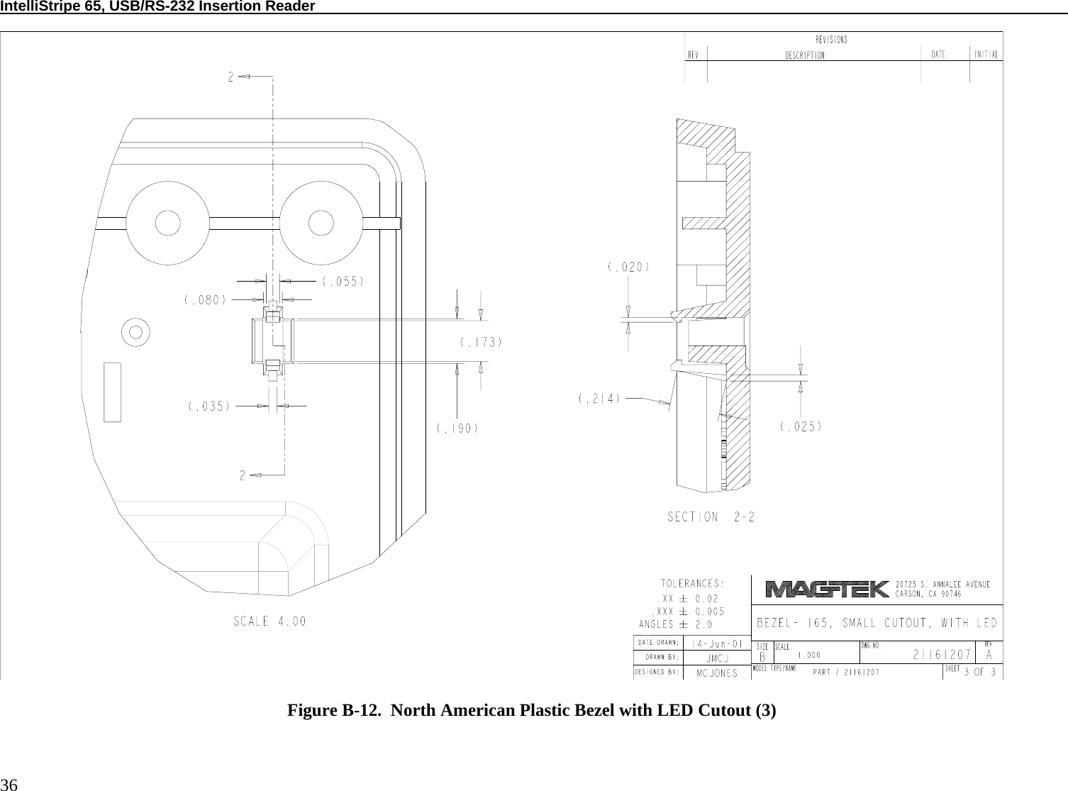 IntelliStripe 65, USB/RS-232 Insertion Reader          36   Figure B-12.  North American Plastic Bezel with LED Cutout (3) 