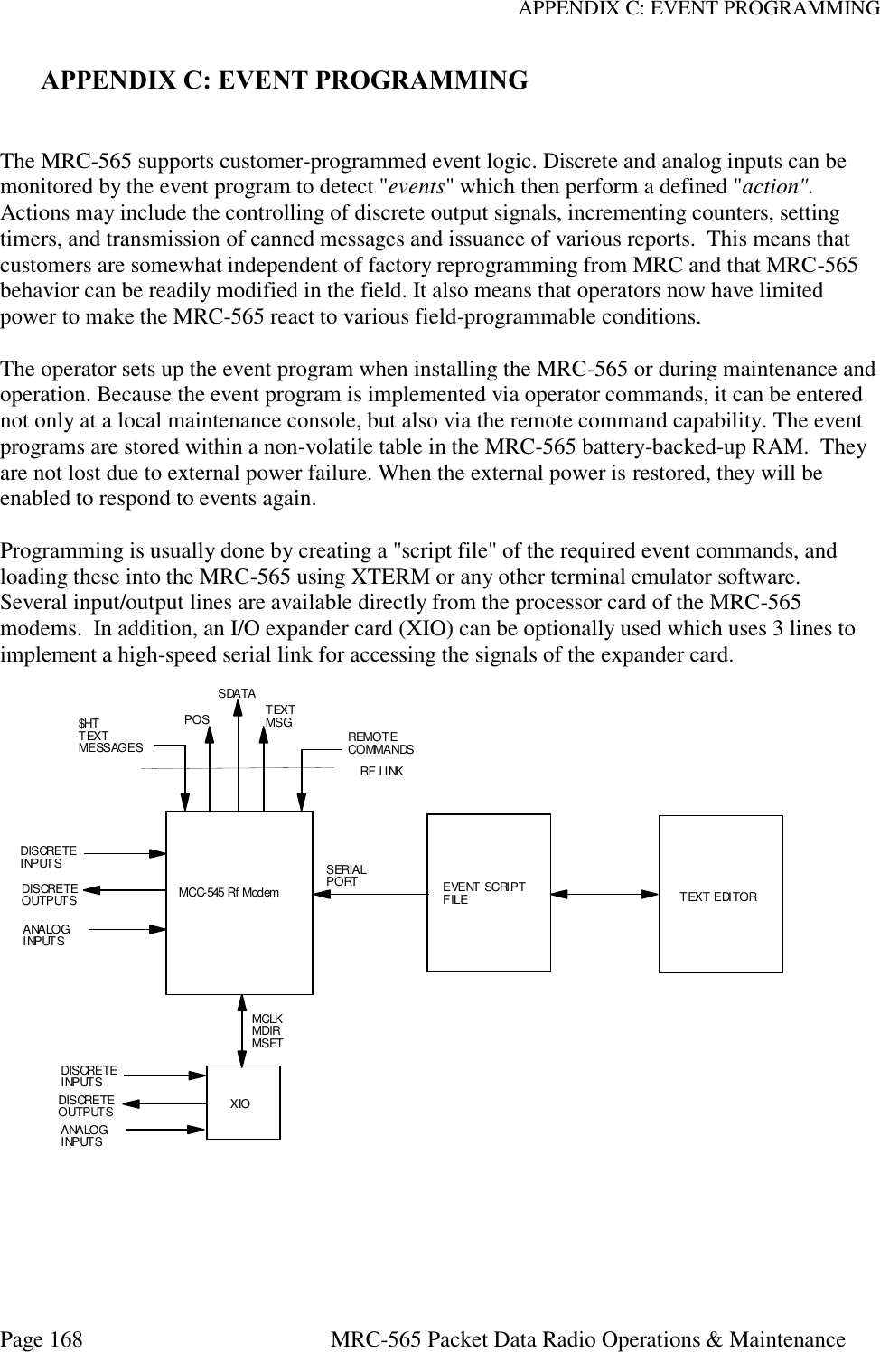 APPENDIX C: EVENT PROGRAMMING Page 168  MRC-565 Packet Data Radio Operations &amp; Maintenance APPENDIX C: EVENT PROGRAMMING   The MRC-565 supports customer-programmed event logic. Discrete and analog inputs can be monitored by the event program to detect &quot;events&quot; which then perform a defined &quot;action&quot;.  Actions may include the controlling of discrete output signals, incrementing counters, setting timers, and transmission of canned messages and issuance of various reports.  This means that customers are somewhat independent of factory reprogramming from MRC and that MRC-565 behavior can be readily modified in the field. It also means that operators now have limited power to make the MRC-565 react to various field-programmable conditions.  The operator sets up the event program when installing the MRC-565 or during maintenance and operation. Because the event program is implemented via operator commands, it can be entered not only at a local maintenance console, but also via the remote command capability. The event programs are stored within a non-volatile table in the MRC-565 battery-backed-up RAM.  They are not lost due to external power failure. When the external power is restored, they will be enabled to respond to events again.  Programming is usually done by creating a &quot;script file&quot; of the required event commands, and loading these into the MRC-565 using XTERM or any other terminal emulator software. Several input/output lines are available directly from the processor card of the MRC-565 modems.  In addition, an I/O expander card (XIO) can be optionally used which uses 3 lines to implement a high-speed serial link for accessing the signals of the expander card.     MCC-545 Rf Modem EVENT SCRIPTFILE TEXT EDITORXIO$HTTEXTMESSAGES REMOTECOMMANDSDISCRETEINPUTSDISCRETEOUTPUTSANALOGINPUTSDISCRETEINPUTSDISCRETEOUTPUTSANALOGINPUTSRF LINKSERIALPORTMCLKMDIRMSETPOS TEXTMSGSDATA