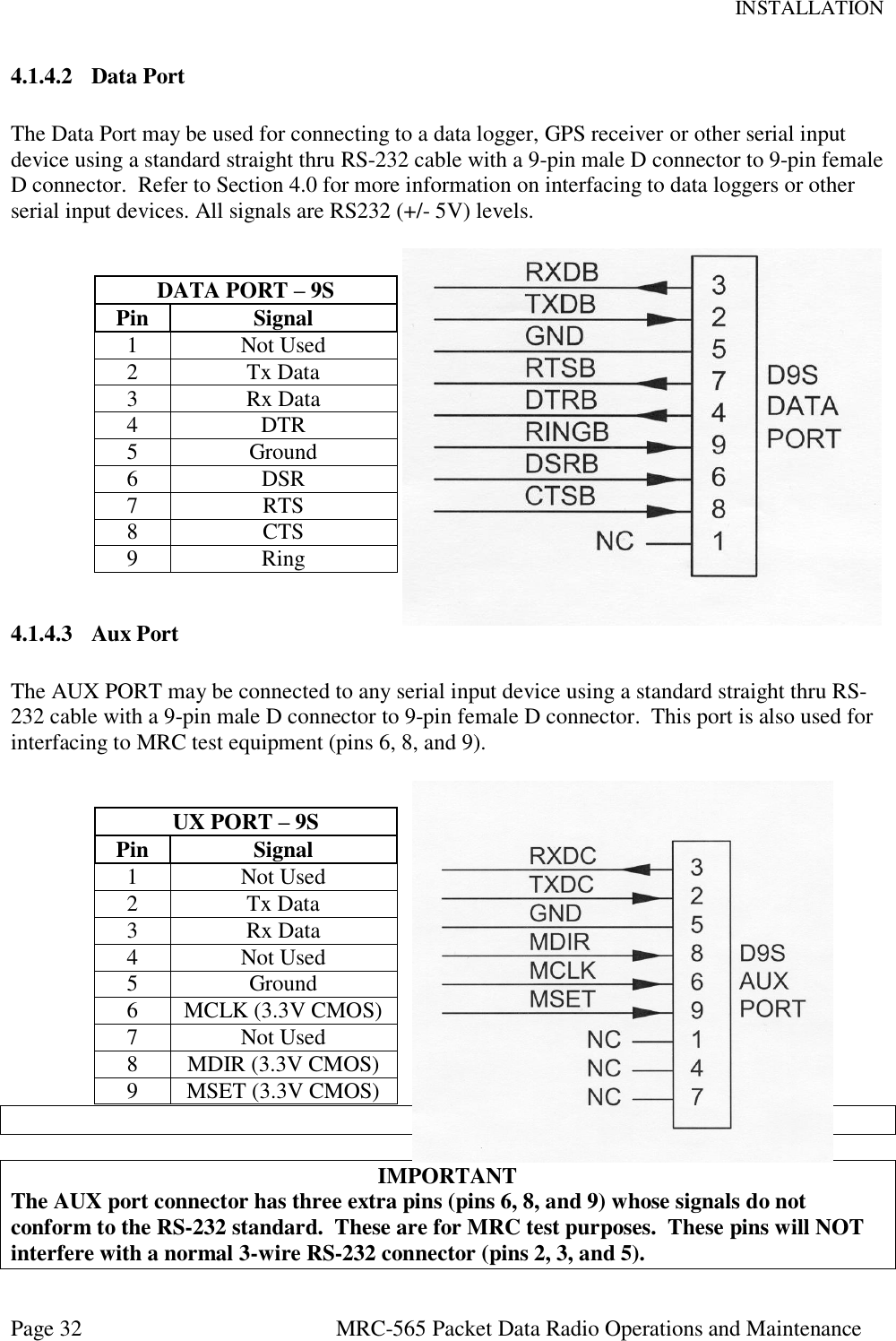 INSTALLATION Page 32  MRC-565 Packet Data Radio Operations and Maintenance 4.1.4.2 Data Port  The Data Port may be used for connecting to a data logger, GPS receiver or other serial input device using a standard straight thru RS-232 cable with a 9-pin male D connector to 9-pin female D connector.  Refer to Section 4.0 for more information on interfacing to data loggers or other serial input devices. All signals are RS232 (+/- 5V) levels.   DATA PORT – 9S Pin Signal 1 Not Used 2 Tx Data  3 Rx Data  4 DTR  5 Ground 6 DSR  7 RTS  8 CTS  9 Ring   4.1.4.3 Aux Port  The AUX PORT may be connected to any serial input device using a standard straight thru RS-232 cable with a 9-pin male D connector to 9-pin female D connector.  This port is also used for interfacing to MRC test equipment (pins 6, 8, and 9).   UX PORT – 9S Pin Signal 1 Not Used 2 Tx Data  3 Rx Data 4 Not Used 5 Ground 6 MCLK (3.3V CMOS) 7 Not Used  8 MDIR (3.3V CMOS)  9 MSET (3.3V CMOS)   IMPORTANT The AUX port connector has three extra pins (pins 6, 8, and 9) whose signals do not conform to the RS-232 standard.  These are for MRC test purposes.  These pins will NOT interfere with a normal 3-wire RS-232 connector (pins 2, 3, and 5). 