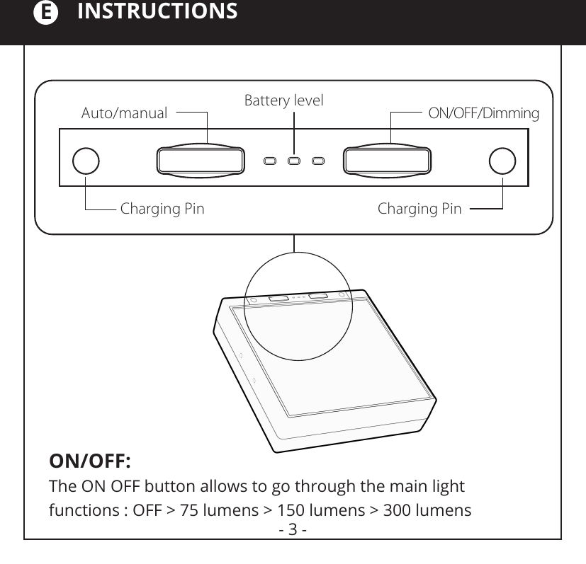 Charging Pin Charging PinAuto/manual Battery level ON/OFF/DimmingINSTRUCTIONSEON/OFF:The ON OFF button allows to go through the main light functions : OFF &gt; 75 lumens &gt; 150 lumens &gt; 300 lumens- 3 -