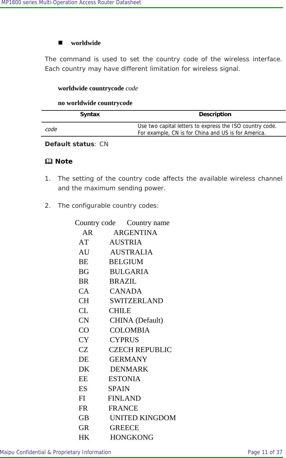  MP1800 series Multi-Operation Access Router Datasheet                     Maipu Confidential &amp; Proprietary Information       Page 11 of 37     worldwide The command is used to set the country code of the wireless interface. Each country may have different limitation for wireless signal. worldwide countrycode code no worldwide countrycode Syntax Description code Use two capital letters to express the ISO country code. For example, CN is for China and US is for America. Default status: CN  Note 1. The setting of the country code affects the available wireless channel and the maximum sending power. 2. The configurable country codes: Country code      Country name AR           ARGENTINA   AT           AUSTRIA    AU           AUSTRALIA    BE           BELGIUM    BG           BULGARIA    BR           BRAZIL    CA           CANADA    CH           SWITZERLAND    CL           CHILE    CN           CHINA (Default)    CO           COLOMBIA    CY           CYPRUS    CZ           CZECH REPUBLIC    DE           GERMANY    DK           DENMARK    EE           ESTONIA    ES           SPAIN   FI            FINLAND    FR           FRANCE    GB           UNITED KINGDOM    GR           GREECE    HK           HONGKONG  