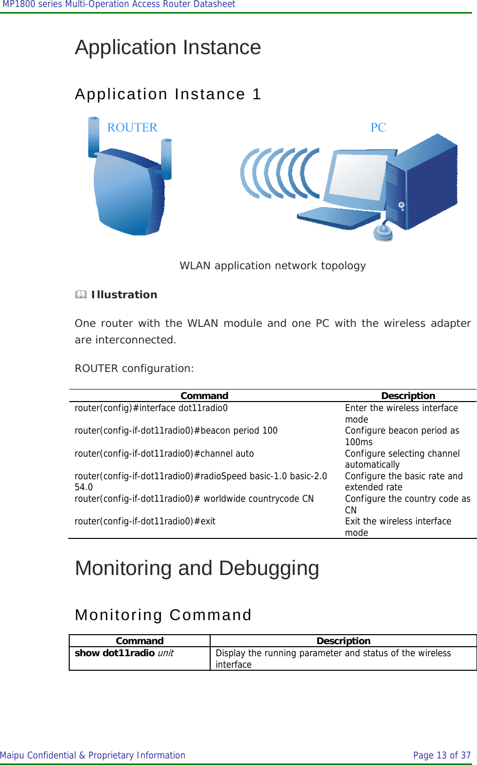  MP1800 series Multi-Operation Access Router Datasheet                     Maipu Confidential &amp; Proprietary Information       Page 13 of 37   Application Instance Application Instance 1  WLAN application network topology  Illustration One router with the WLAN module and one PC with the wireless adapter are interconnected. ROUTER configuration: Command Description router(config)#interface dot11radio0  Enter the wireless interface mode router(config-if-dot11radio0)#beacon period 100  Configure beacon period as 100ms router(config-if-dot11radio0)#channel auto  Configure selecting channel automatically router(config-if-dot11radio0)#radioSpeed basic-1.0 basic-2.0 54.0  Configure the basic rate and extended rate router(config-if-dot11radio0)# worldwide countrycode CN  Configure the country code as CN router(config-if-dot11radio0)#exit  Exit the wireless interface mode Monitoring and Debugging Monitoring Command Command Description show dot11radio unit Display the running parameter and status of the wireless interface 