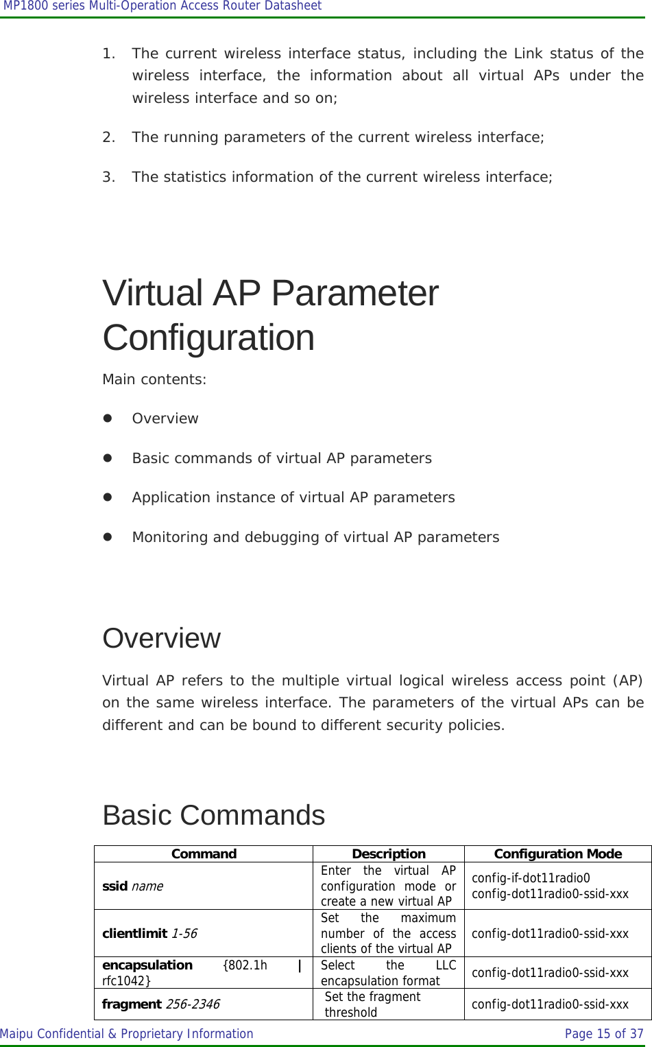  MP1800 series Multi-Operation Access Router Datasheet                     Maipu Confidential &amp; Proprietary Information       Page 15 of 37   1. The current wireless interface status, including the Link status of the wireless interface, the information about all virtual APs under the wireless interface and so on; 2. The running parameters of the current wireless interface; 3. The statistics information of the current wireless interface;  Virtual AP Parameter Configuration Main contents: z Overview z Basic commands of virtual AP parameters z Application instance of virtual AP parameters z Monitoring and debugging of virtual AP parameters  Overview Virtual AP refers to the multiple virtual logical wireless access point (AP) on the same wireless interface. The parameters of the virtual APs can be different and can be bound to different security policies.  Basic Commands Command Description Configuration Mode ssid name Enter the virtual AP configuration mode or create a new virtual APconfig-if-dot11radio0 config-dot11radio0-ssid-xxx clientlimit 1-56 Set the maximum number of the access clients of the virtual AP config-dot11radio0-ssid-xxx encapsulation {802.1h | rfc1042} Select the LLC encapsulation format config-dot11radio0-ssid-xxx fragment 256-2346 Set the fragment threshold  config-dot11radio0-ssid-xxx 