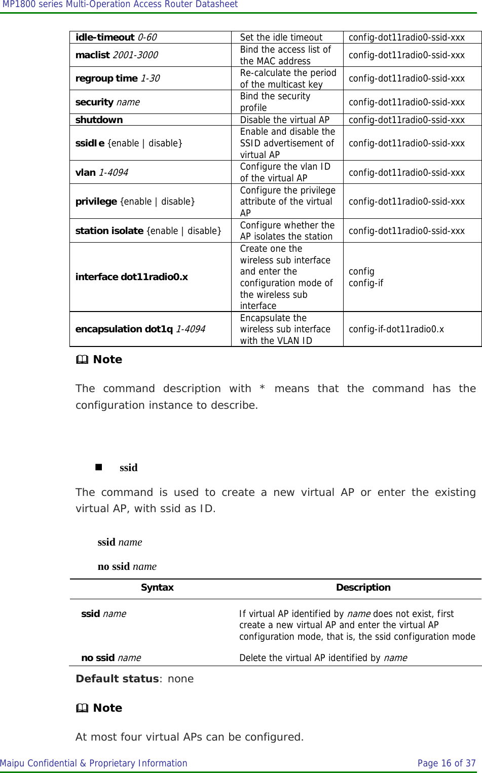  MP1800 series Multi-Operation Access Router Datasheet                     Maipu Confidential &amp; Proprietary Information       Page 16 of 37   idle-timeout 0-60 Set the idle timeout  config-dot11radio0-ssid-xxx maclist 2001-3000 Bind the access list of the MAC address  config-dot11radio0-ssid-xxx regroup time 1-30 Re-calculate the period of the multicast key  config-dot11radio0-ssid-xxx security name Bind the security profile  config-dot11radio0-ssid-xxx shutdown  Disable the virtual AP  config-dot11radio0-ssid-xxx ssidIe {enable | disable} Enable and disable the SSID advertisement of virtual AP  config-dot11radio0-ssid-xxx vlan 1-4094 Configure the vlan ID of the virtual AP  config-dot11radio0-ssid-xxx privilege {enable | disable} Configure the privilege attribute of the virtual AP  config-dot11radio0-ssid-xxx station isolate {enable | disable} Configure whether the AP isolates the station  config-dot11radio0-ssid-xxx interface dot11radio0.x Create one the wireless sub interface and enter the configuration mode of the wireless sub interface config config-if encapsulation dot1q 1-4094 Encapsulate the wireless sub interface with the VLAN ID  config-if-dot11radio0.x  Note The command description with * means that the command has the configuration instance to describe.   ssid The command is used to create a new virtual AP or enter the existing virtual AP, with ssid as ID. ssid name no ssid name Syntax Description ssid name If virtual AP identified by name does not exist, first create a new virtual AP and enter the virtual AP configuration mode, that is, the ssid configuration modeno ssid name Delete the virtual AP identified by name Default status: none  Note At most four virtual APs can be configured. 