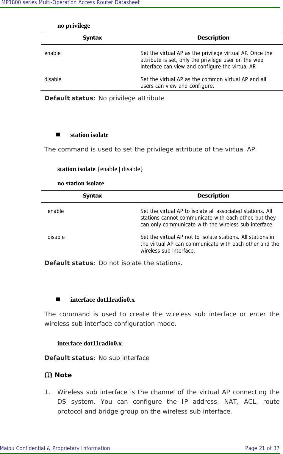  MP1800 series Multi-Operation Access Router Datasheet                     Maipu Confidential &amp; Proprietary Information       Page 21 of 37   no privilege Syntax Description enable  Set the virtual AP as the privilege virtual AP. Once the attribute is set, only the privilege user on the web interface can view and configure the virtual AP. disable  Set the virtual AP as the common virtual AP and all users can view and configure. Default status: No privilege attribute   station isolate The command is used to set the privilege attribute of the virtual AP. station isolate {enable | disable} no station isolate Syntax Description enable  Set the virtual AP to isolate all associated stations. All stations cannot communicate with each other, but they can only communicate with the wireless sub interface. disable  Set the virtual AP not to isolate stations. All stations in the virtual AP can communicate with each other and the wireless sub interface. Default status: Do not isolate the stations.   interface dot11radio0.x The command is used to create the wireless sub interface or enter the wireless sub interface configuration mode. interface dot11radio0.x Default status: No sub interface  Note 1. Wireless sub interface is the channel of the virtual AP connecting the DS system. You can configure the IP address, NAT, ACL, route protocol and bridge group on the wireless sub interface. 