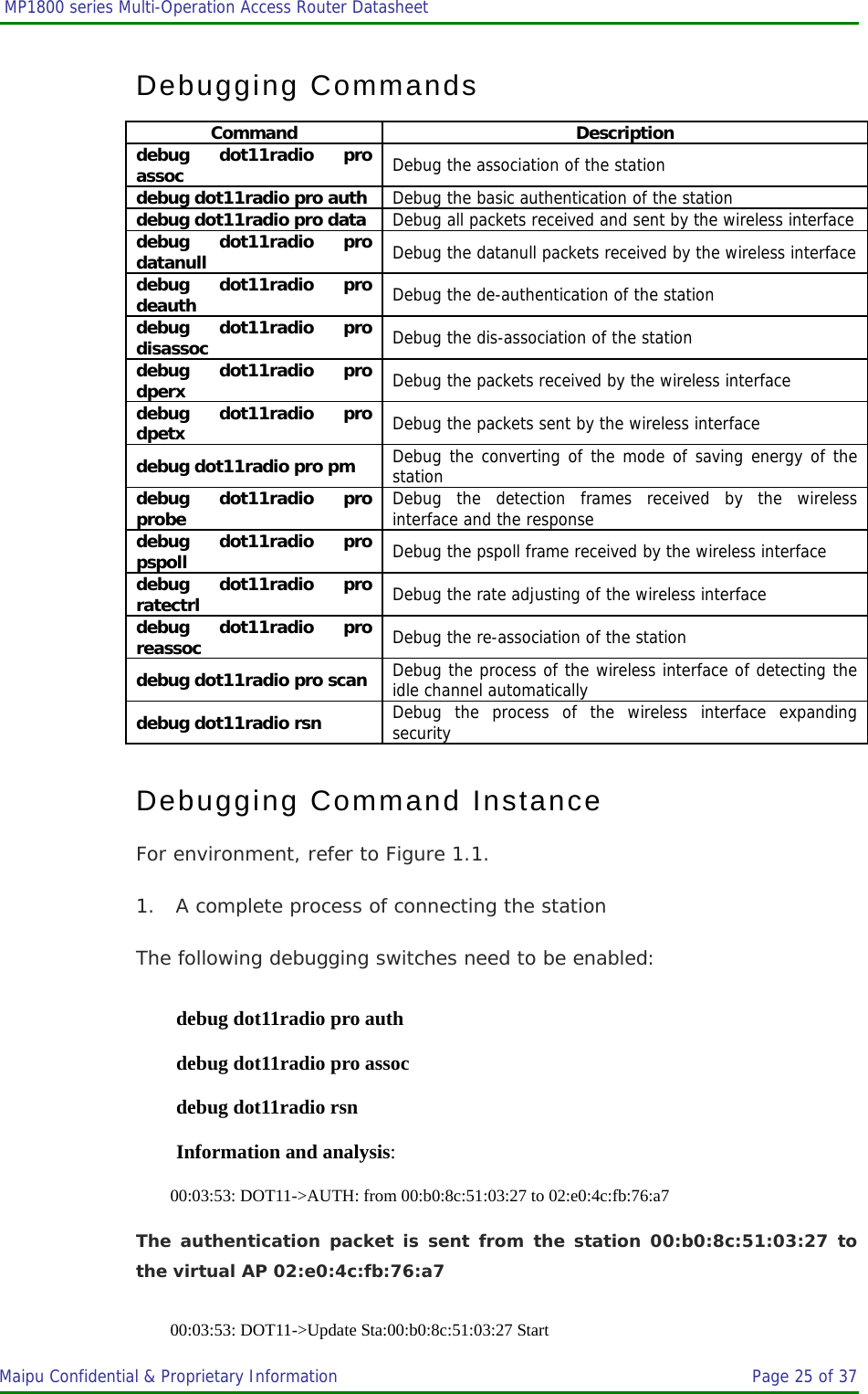  MP1800 series Multi-Operation Access Router Datasheet                     Maipu Confidential &amp; Proprietary Information       Page 25 of 37   Debugging Commands Command Description debug dot11radio pro assoc  Debug the association of the station debug dot11radio pro auth Debug the basic authentication of the station debug dot11radio pro data Debug all packets received and sent by the wireless interfacedebug dot11radio pro datanull  Debug the datanull packets received by the wireless interfacedebug dot11radio pro deauth  Debug the de-authentication of the station debug dot11radio pro disassoc  Debug the dis-association of the station debug dot11radio pro dperx  Debug the packets received by the wireless interface debug dot11radio pro dpetx  Debug the packets sent by the wireless interface debug dot11radio pro pm  Debug the converting of the mode of saving energy of the station debug dot11radio pro probe  Debug the detection frames received by the wireless interface and the response  debug dot11radio pro pspoll  Debug the pspoll frame received by the wireless interface debug dot11radio pro ratectrl  Debug the rate adjusting of the wireless interface  debug dot11radio pro reassoc  Debug the re-association of the station debug dot11radio pro scan Debug the process of the wireless interface of detecting the idle channel automatically debug dot11radio rsn  Debug the process of the wireless interface expanding security Debugging Command Instance For environment, refer to Figure 1.1. 1. A complete process of connecting the station The following debugging switches need to be enabled: debug dot11radio pro auth debug dot11radio pro assoc debug dot11radio rsn Information and analysis: 00:03:53: DOT11-&gt;AUTH: from 00:b0:8c:51:03:27 to 02:e0:4c:fb:76:a7 The authentication packet is sent from the station 00:b0:8c:51:03:27 to the virtual AP 02:e0:4c:fb:76:a7 00:03:53: DOT11-&gt;Update Sta:00:b0:8c:51:03:27 Start 