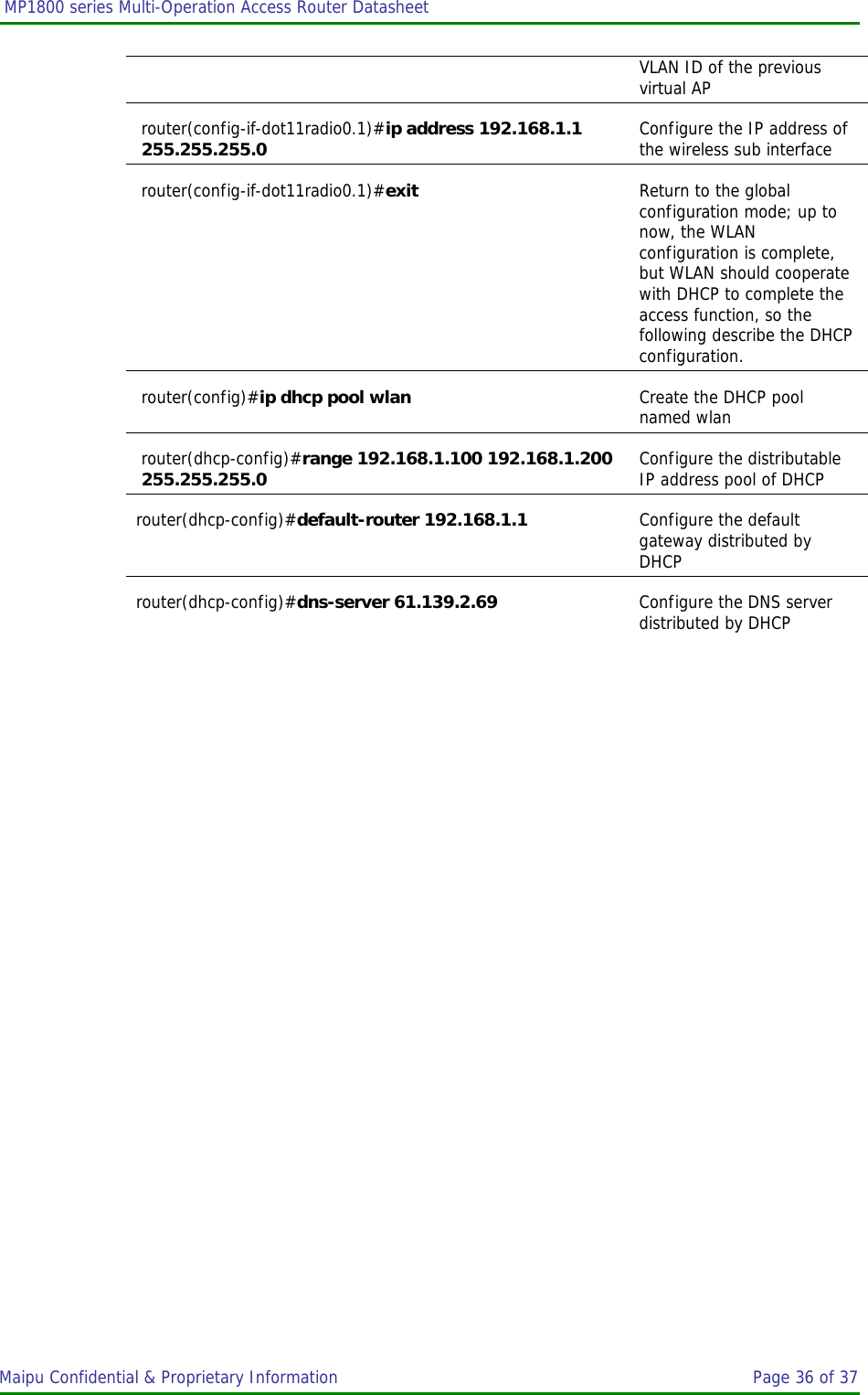  MP1800 series Multi-Operation Access Router Datasheet                     Maipu Confidential &amp; Proprietary Information       Page 36 of 37   VLAN ID of the previous virtual AP router(config-if-dot11radio0.1)#ip address 192.168.1.1 255.255.255.0 Configure the IP address of the wireless sub interface router(config-if-dot11radio0.1)#exit  Return to the global configuration mode; up to now, the WLAN configuration is complete, but WLAN should cooperate with DHCP to complete the access function, so the following describe the DHCP configuration. router(config)#ip dhcp pool wlan  Create the DHCP pool named wlan router(dhcp-config)#range 192.168.1.100 192.168.1.200 255.255.255.0 Configure the distributable IP address pool of DHCP router(dhcp-config)#default-router 192.168.1.1 Configure the default gateway distributed by DHCP router(dhcp-config)#dns-server 61.139.2.69  Configure the DNS server distributed by DHCP   