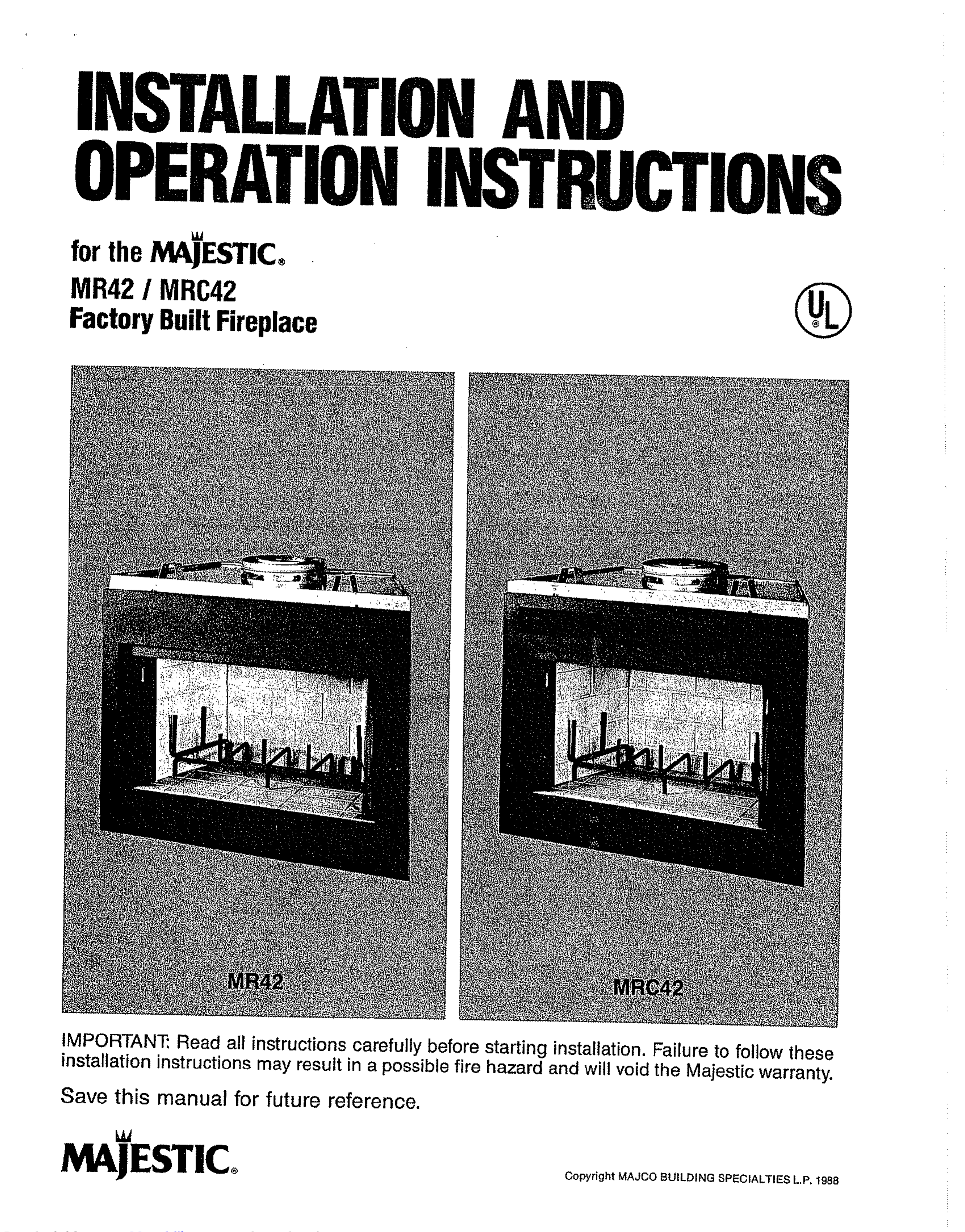 Majestic Mr42 Installation And Operation Instructions Manual