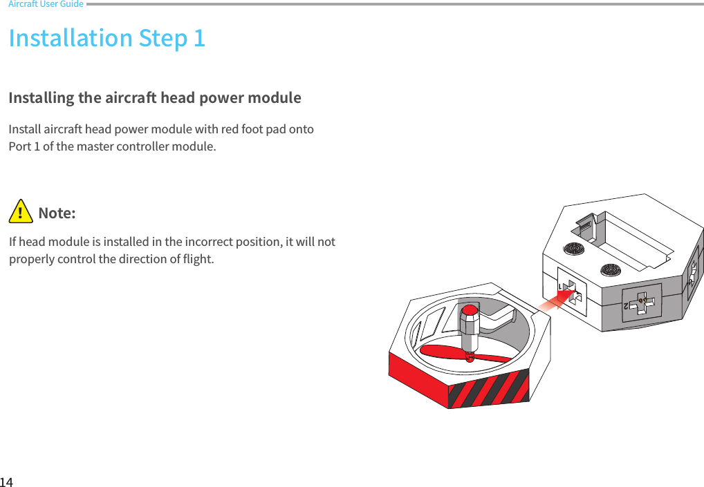 14If head module is installed in the incorrect position, it will not properly control the direction of 󼴪ight. Note:！Installing the aircraft head power moduleInstall aircraft head power module with red foot pad onto Port 1 of the master controller module. Installation Step 1Aircraft User Guide