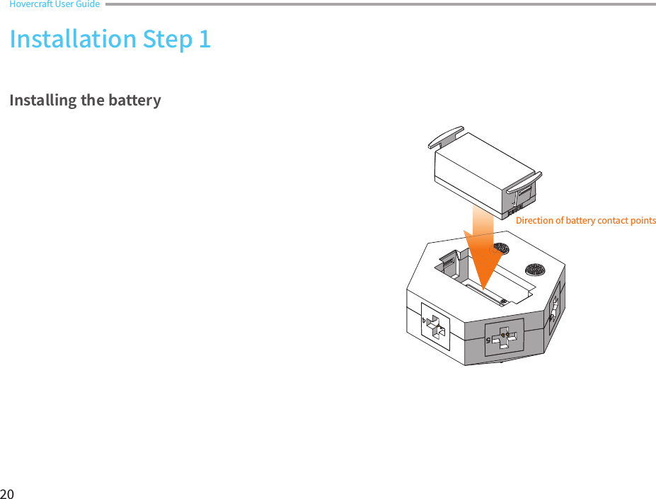 20Direction of battery contact pointsInstalling the batteryInstallation Step 1Hovercraft User Guide 