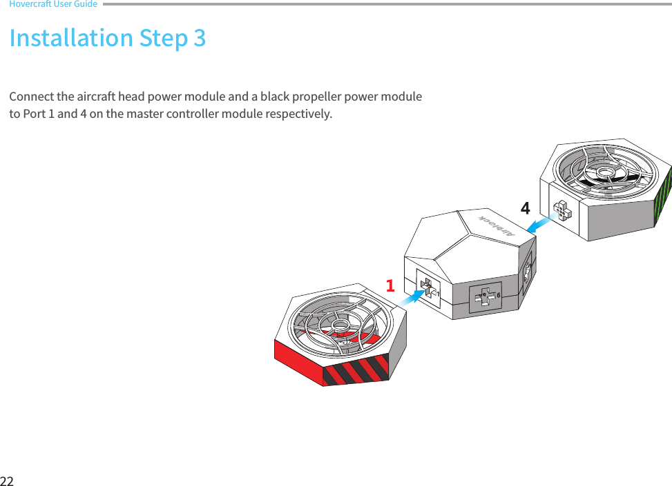 22Connect the aircraft head power module and a black propeller power module to Port 1 and 4 on the master controller module respectively. Installation Step 3Hovercraft User Guide 