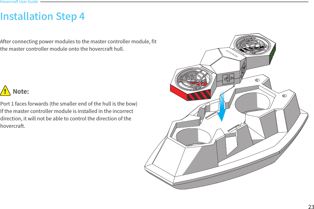 23Port 1 faces forwards (the smaller end of the hull is the bow)If the master controller module is installed in the incorrect direction, it will not be able to control the direction of the hovercraft.Note:！After connecting power modules to the master controller module, 󼴩t the master controller module onto the hovercraft hull. Installation Step 4Hovercraft User Guide 