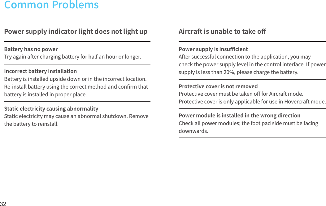 32Power supply indicator light does not light upBattery has no powerIncorrect battery installationStatic electricity causing abnormalityTry again after charging battery for half an hour or longer.Battery is installed upside down or in the incorrect location. Re-install battery using the correct method and con󼴩rm that battery is installed in proper place.Static electricity may cause an abnormal shutdown. Remove the battery to reinstall.Aircraft is unable to take o󼴨Power supply is insu󼴫cientProtective cover is not removedPower module is installed in the wrong directionAfter successful connection to the application, you may check the power supply level in the control interface. If power supply is less than 20%, please charge the battery.Protective cover must be taken o󼴨 for Aircraft mode. Protective cover is only applicable for use in Hovercraft mode.Check all power modules; the foot pad side must be facing downwards.Common Problems