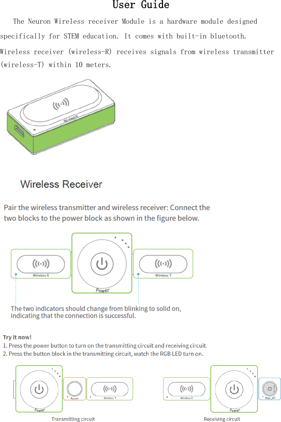 User Guide   The Neuron Wireless receiver Module is a hardware module designed specifically for STEM education. It comes with built-in bluetooth. Wireless receiver (wireless-R) receives signals from wireless transmitter (wireless-T) within 10 meters.      