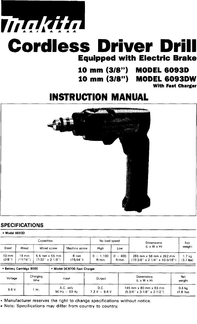 Makita 6093D User Manual DRIVER DRILL Manuals And Guides L0805306