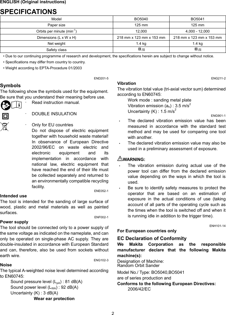 Page 2 of 12 - Makita Makita-Bo5040-Users-Manual- Manual  Makita-bo5040-users-manual