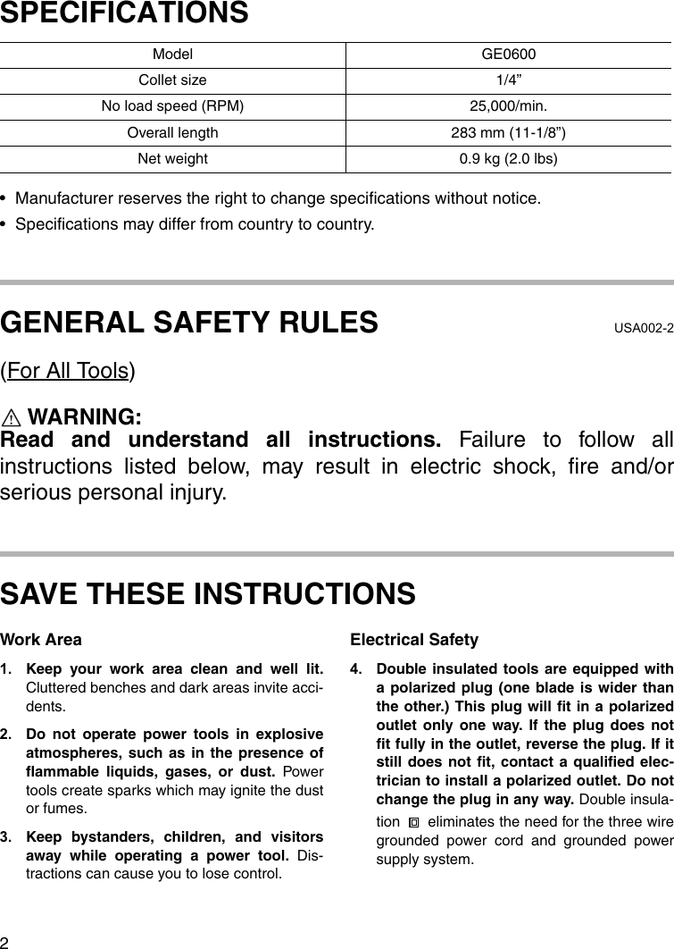 Page 2 of 12 - Makita Makita-Ge0600-Users-Manual- GE0600  Makita-ge0600-users-manual