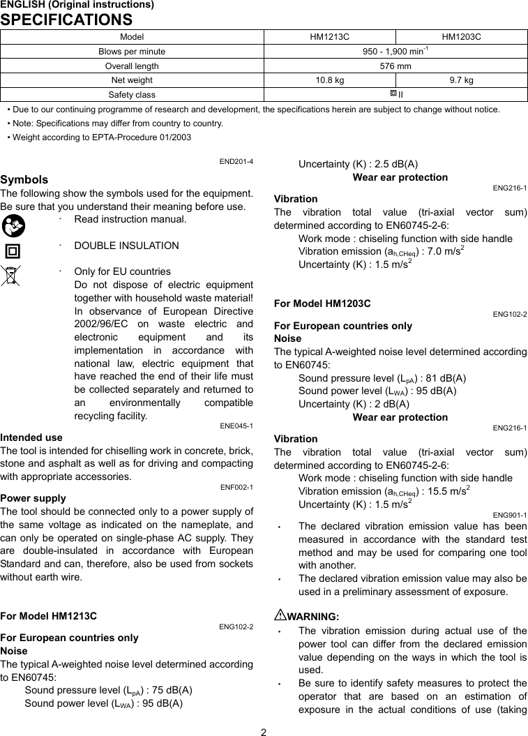 Page 2 of 12 - Makita Makita-Hm1203C-Owners-Manual Manual