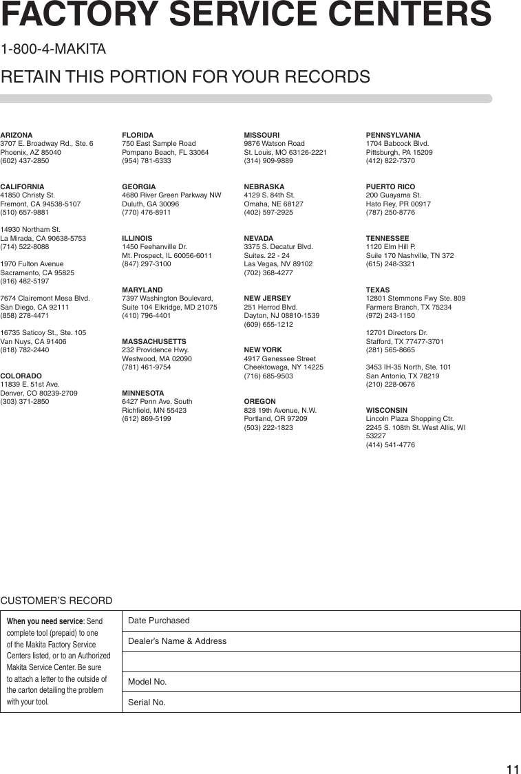 Page 11 of 12 - Makita Makita-Recipro-Saw-Jr3000Vt-Jr3000Vt-Users-Manual-  Makita-recipro-saw-jr3000vt-jr3000vt-users-manual