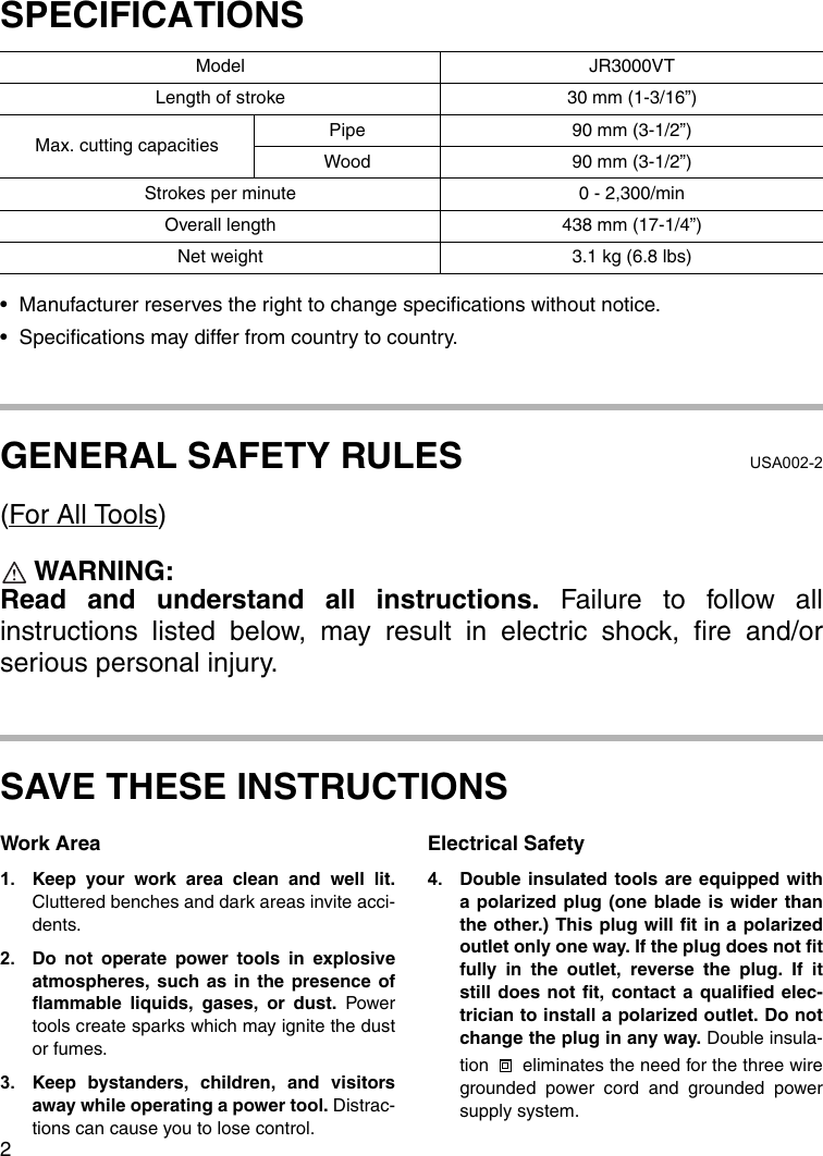 Page 2 of 12 - Makita Makita-Recipro-Saw-Jr3000Vt-Jr3000Vt-Users-Manual-  Makita-recipro-saw-jr3000vt-jr3000vt-users-manual