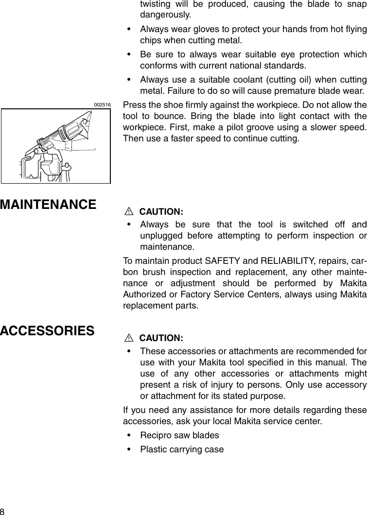 Page 8 of 12 - Makita Makita-Recipro-Saw-Jr3000Vt-Jr3000Vt-Users-Manual-  Makita-recipro-saw-jr3000vt-jr3000vt-users-manual