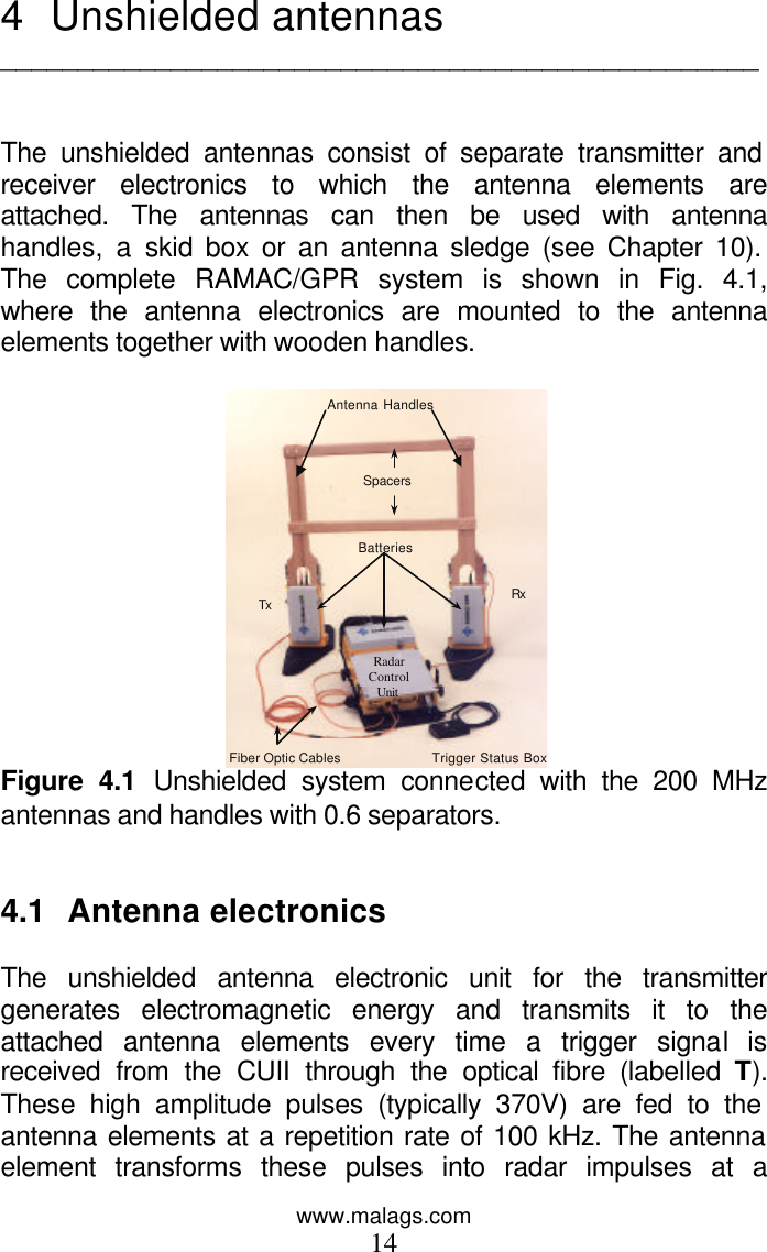 www.malags.com 14 4 Unshielded antennas  _________________________________________________   The unshielded antennas consist of separate transmitter and receiver electronics to which the antenna elements are attached. The antennas can then be used with antenna handles, a skid box or an antenna sledge (see Chapter 10). The complete RAMAC/GPR system is shown in Fig. 4.1, where the antenna electronics are mounted to the antenna elements together with wooden handles.   Radar Control Unit  Batteries Trigger Status Box Tx Rx Fiber Optic Cables Spacers Antenna Handles  Figure 4.1 Unshielded system connected with the 200 MHz antennas and handles with 0.6 separators.   4.1 Antenna electronics   The unshielded antenna electronic unit for the transmitter generates electromagnetic energy and transmits it to the attached antenna elements every time a trigger signal is received from the CUII through the optical fibre (labelled T). These high amplitude pulses (typically 370V) are fed to the antenna elements at a repetition rate of 100 kHz. The antenna element transforms these pulses into radar impulses at a 