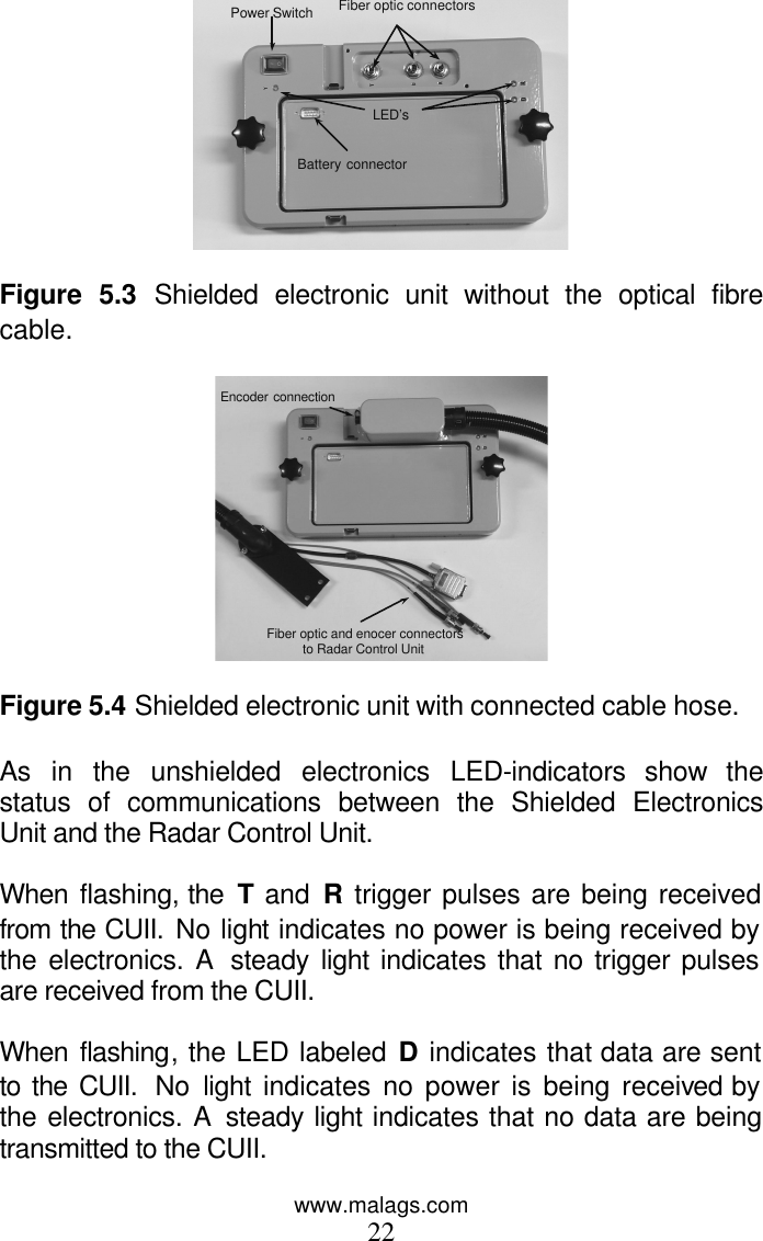 www.malags.com 22  Power Switch Fiber optic connectors LED’s Battery connector   Figure 5.3 Shielded electronic unit without the optical fibre cable.   Fiber optic and enocer connectors to Radar Control Unit Encoder connection  Figure 5.4 Shielded electronic unit with connected cable hose.  As in the unshielded electronics LED-indicators show the status of communications between the Shielded Electronics Unit and the Radar Control Unit.   When  flashing, the T and R trigger pulses are being received from the CUII. No light indicates no power is being received by the electronics. A  steady light indicates that no trigger pulses are received from the CUII.   When  flashing, the LED labeled D indicates that data are sent to the CUII.  No light indicates no power is being received by the electronics. A steady light indicates that no data are being transmitted to the CUII.   