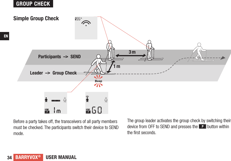 USER MANUALBARRYVOX®34EN1 m3 m Simple Group CheckBefore a party takes off, the transceivers of all party members must be checked. The participants switch their device to SEND mode. The group leader activates the group check by switching their device from OFF to SEND and presses the   button within the ﬁrst seconds.GROUP CHECKParticipants  –&gt;  SEND Leader  –&gt;  Group Check 