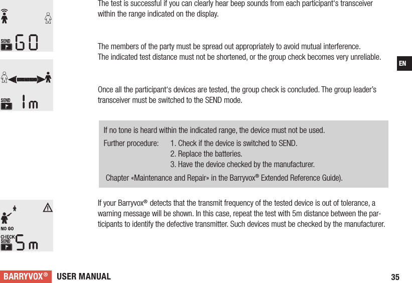 USER MANUALBARRYVOX®35ENThe test is successful if you can clearly hear beep sounds from each participant‘s transceiver within the range indicated on the display.The members of the party must be spread out appropriately to avoid mutual interference. The indicated test distance must not be shortened, or the group check becomes very unreliable.Once all the participant‘s devices are tested, the group check is concluded. The group leader’s transceiver must be switched to the SEND mode.If no tone is heard within the indicated range, the device must not be used.       Further procedure:  1. Check if the device is switched to SEND.   2. Replace the batteries.   3. Have the device checked by the manufacturer.  Chapter «Maintenance and Repair» in the Barryvox® Extended Reference Guide). If your Barryvox® detects that the transmit frequency of the tested device is out of tolerance, a warning message will be shown. In this case, repeat the test with 5m distance between the par-ticipants to identify the defective transmitter. Such devices must be checked by the manufacturer.