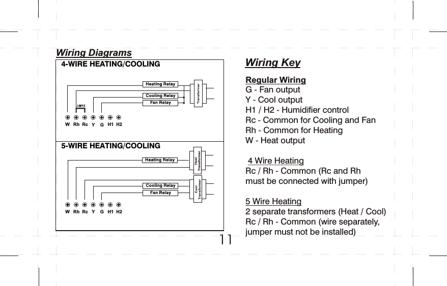 Wiring Diagrams11Wiring KeyRegular WiringG - Fan outputY - Cool output H1 / H2 - Humidifier controlRc - Common for Cooling and Fan Rh - Common for Heating W - Heat output 4 Wire HeatingRc / Rh - Common (Rc and Rh must be connected with jumper)5 Wire Heating2 separate transformers (Heat / Cool) Rc / Rh - Common (wire separately, jumper must not be installed) 4-WIRE HEATING/COOLING5-WIRE HEATING/COOLING GYH2H1RcRhWGYH2H1RcRhW