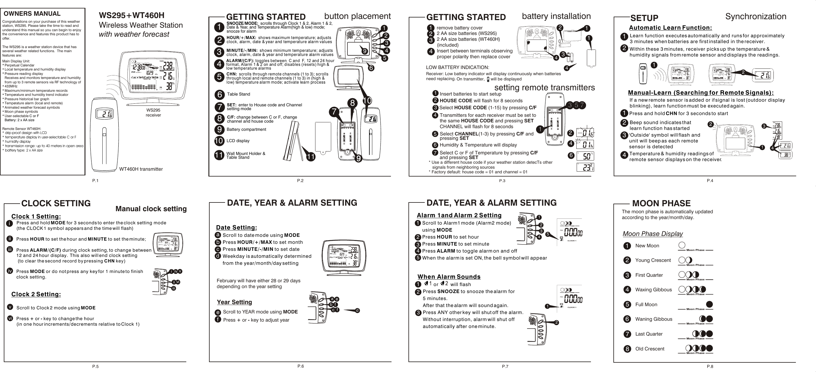 SETSET C/FC/F--AA 1.5VAA 1.5V++--AA 1.5VAA 1.5V ++SETSET C/FC/F--AA 1.5VAA 1.5V++--AA 1.5VAA 1.5V ++OUTOUT11Date Setting:     Scroll to date mode using MODE       Press HOUR/+/MAX to set month     Press MINUTE/-/MIN to set date      Weekday is automatically determined     from the year/month/day settingDATE, YEAR &amp; ALARM SETTINGabcdFebruary will have either 28 or 29 days depending on the year settingYear SettingScroll to YEAR mode using MODEPress + or - key to adjust yearefP.6caedfbattery installationGETTING STARTEDremove battery cover2 AA size batteries (WS295)2 AA size batteries (WT460H) (included)Insert between terminals observing proper polarity then replace cover1234WS295+WT460HWireless Weather Station with weather forecastOWNERS MANUALCongratulations on your purchase of this weather station, WS295. Please take the time to read and understand this manual so you can begin to enjoy the convenience and features this product has to offer.The WS295 is a weather station device that has several weather related functions.  The main features are:Main Display Unit:*********** Remote Sensor WT460H:* drip-proof design with LCD* temperature display in user-selectable C or F* humidity display* transmission range: up to 40 meters in open area* battery type: 2 x AA sizePerpetual CalendarLocal temperature and humidity displayPressure reading displayReceives and monitors temperature and humidity from up to 3 remote sensors via RF technology of 433MHzMaximum/minimum temperature recordsTemperature and humidity trend indicatorPressure historical bar graphTemperature alarm (local and remote)Animated weather forecast symbolsMoon phase symbolsUser-selectable C or FBattery: 2 x AA sizeGETTING STARTED button placement162345MINUTE/-/MIN:  shows minimum temperature; adjusts clock, alarm, date &amp; year and temperature alarm valuesSNOOZE/MODE:  scrolls through Clock 1 &amp; 2, Alarm 1 &amp; 2, Date &amp; Year, and Temperature Alarm(high &amp; low) mode; snooze for alarmTable StandALARM/(C/F): toggles between  C and  F, 12 and 24 hour format, Alarm 1 &amp; 2 on and off; disables (resets) high &amp; low temperature alarmsCHN:  scrolls through remote channels (1 to 3); scrolls through local and remote channels (1 to 3) in (high &amp; low) temperature alarm mode; activate learn processHOUR/+/MAX:  shows maximum temperature; adjusts clock, alarm, date &amp; year and temperature alarm valuesSynchronization112234SETUPAutomatic Learn Function:Manual-Learn (Searching for Remote Signals):Learn function executes automatically and runs for approximately 3 minutes when batteries are first installed in the receiver. Press and hold CHN for 3 seconds to start If a new remote sensor is added or if signal is lost (outdoor display blinking), learn function must be executed again.Within these 3 minutes, receiver picks up the temperature &amp; humidity signals from remote sensor and displays the readings.Beep sound indicates that learn function has started&apos;Outside&apos; symbol will flash and unit will beep as each remote sensor is detectedTemperature &amp; humidity readings of remote sensor displays on the receiver.Clock 1 Setting:    Press and hold MODE for 3 seconds to enter the clock setting mode     (the CLOCK 1 symbol appears and the time will flash)    Press HOUR to set the hour and MINUTE to set the minute;     Press ALARM/(C/F) during clock setting, to change between     12 and 24 hour display.  This also will end clock setting     (to clear the second record by pressing CHN key)    Press MODE or do not press any key for 1 minute to finish     clock setting.Clock 2 Setting:   Scroll to Clock 2 mode using MODE    Press + or - key to change the hour     (in one hour increments/decrements relative to Clock 1)CLOCK SETTING Manual clock settingiiiiiiivviv    P.1P.5 P.7P.4P.8WS295receiver221LOW BATTERY INDICATION:  Receiver: Low battery indicator will display continuously when batteries need replacing. On transmitter,     will be displayed  P.2Alarm 1and Alarm 2 Setting    Scroll to Alarm1 mode (Alarm2 mode)     using MODE    Press HOUR to set hour    Press MINUTE to set minute    Press ALARM to toggle alarm on and off    When the alarm is set ON, the bell symbol will appearWhen Alarm Sounds            or         will flash    Press SNOOZE to snooze the alarm for     5 minutes.     After that the alarm will sound again.     Press ANY other key will shut off the alarm.    Without interruption, alarm will shut off     automatically after one minute.DATE, YEAR &amp; ALARM SETTING11223345122145P.3iiiiiv vviiiMoon Phase DisplayMOON PHASEThe moon phase is automatically updated according to the year/month/day. New MoonYoung CrescentFirst QuarterWaxing GibbousFull MoonWaning GibbousLast QuarterOld Crescent128765432WT460H transmitter7101189SET:  enter to House code and Channel setting modeC/F: change between C or F, change channel and house code Battery compartmentLCD displayWall Mount Holder &amp;Table Stand7899setting remote transmitters* Use a different house code if your weather station detecTs other   signals from neighboring sources* Factory default: house code = 01 and channel = 0124633557711111%11OUT1143OUT1OUT1143123546910bf311OUT1OUT143145Insert batteries to start setupHOUSE CODE will flash for 8 secondsSelect HOUSE CODE (1-15) by pressing C/FCHANNEL will flash for 8 secondsSelect CHANNEL(1-3) by pressing C/F and pressing SET2Transmitters for each receiver must be set to the same HOUSE CODE and pressing SET67Humidity &amp; Temperature will displaySelect C or F of Temperature by pressing C/F and pressing SET