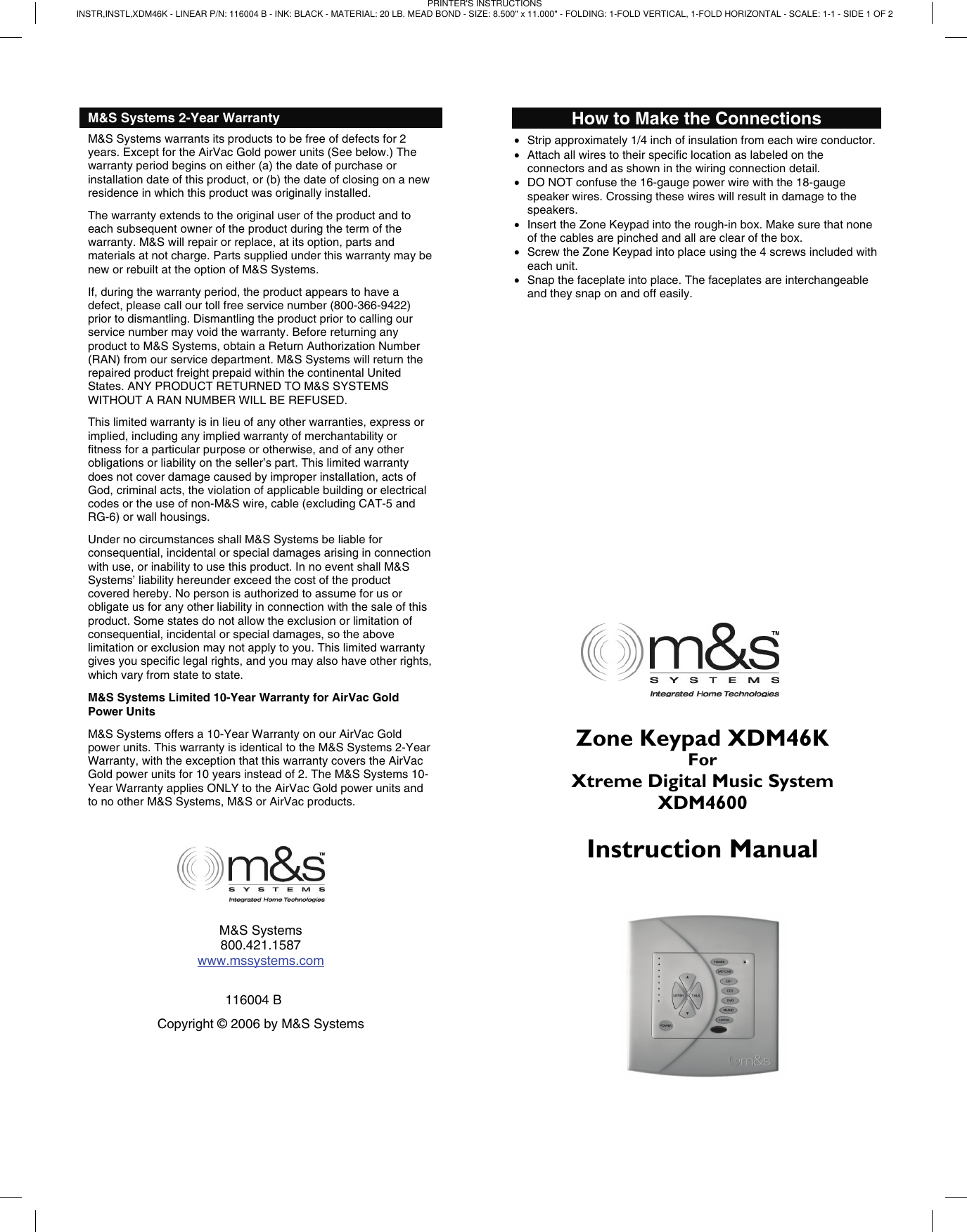 Page 1 of 2 - Mands-Systems Mands-Systems-Xdm46K-Users-Manual 116004B