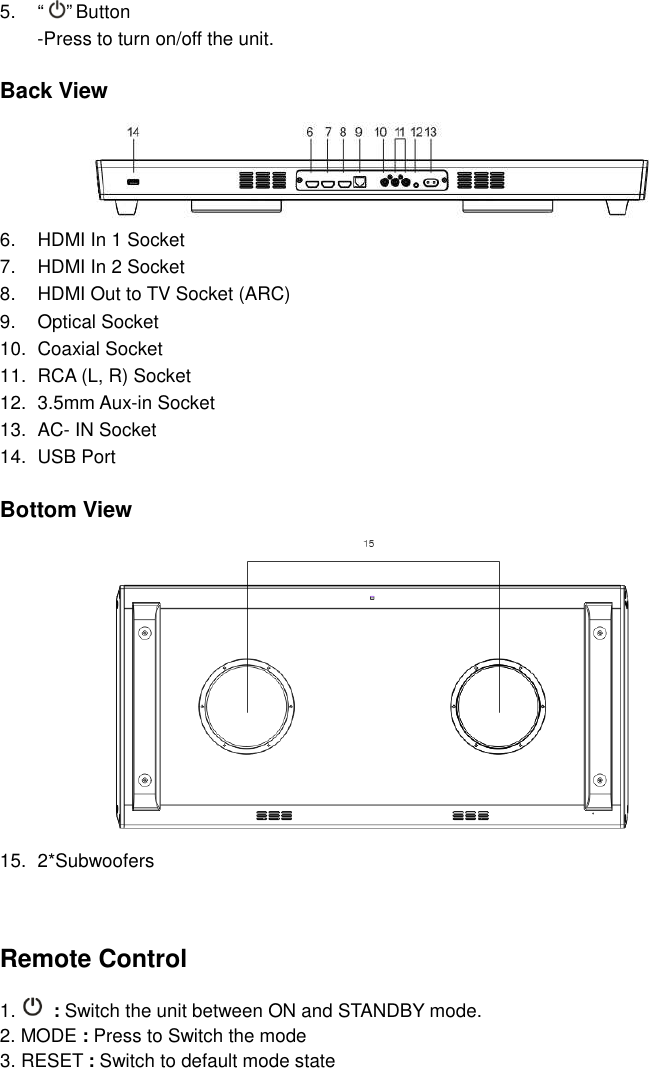 5.  “ ” Button -Press to turn on/off the unit.    Back View 6.  HDMI In 1 Socket 7.  HDMI In 2 Socket 8.  HDMI Out to TV Socket (ARC) 9.  Optical Socket 10.  Coaxial Socket 11.  RCA (L, R) Socket 12.  3.5mm Aux-in Socket 13.  AC- IN Socket 14.  USB Port  Bottom View 15.  2*Subwoofers    Remote Control  1.   : Switch the unit between ON and STANDBY mode. 2. MODE : Press to Switch the mode 3. RESET : Switch to default mode state 