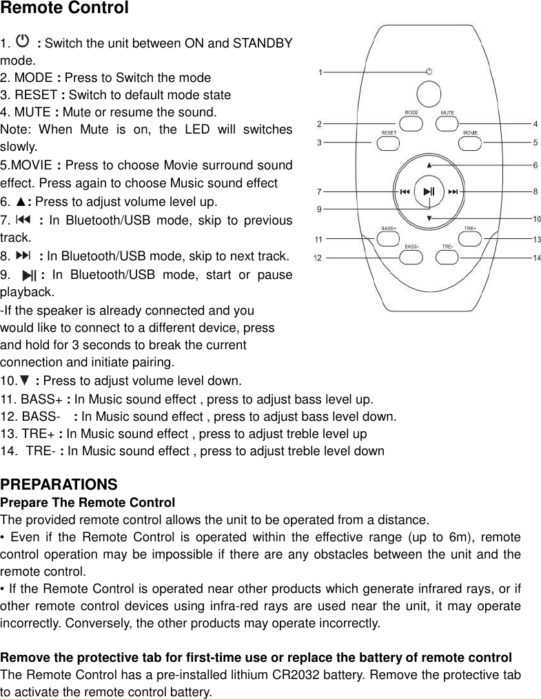 Remote Control  1.   : Switch the unit between ON and STANDBY mode. 2. MODE : Press to Switch the mode 3. RESET : Switch to default mode state 4. MUTE : Mute or resume the sound. Note:  When  Mute  is  on,  the  LED  will  switches slowly. 5.MOVIE : Press to choose Movie surround sound effect. Press again to choose Music sound effect 6. ▲: Press to adjust volume level up. 7.   :  In  Bluetooth/USB  mode,  skip  to  previous track. 8.   : In Bluetooth/USB mode, skip to next track. 9.        :  In  Bluetooth/USB  mode,  start  or  pause playback.   -If the speaker is already connected and you   would like to connect to a different device, press   and hold for 3 seconds to break the current   connection and initiate pairing. 10.   : Press to adjust volume level down. 11. BASS+ : In Music sound effect , press to adjust bass level up. 12. BASS-    : In Music sound effect , press to adjust bass level down. 13. TRE+ : In Music sound effect , press to adjust treble level up 14.  TRE- : In Music sound effect , press to adjust treble level down  PREPARATIONS Prepare The Remote Control   The provided remote control allows the unit to be operated from a distance. •  Even  if  the  Remote  Control  is  operated  within  the  effective  range  (up  to  6m),  remote control operation may be impossible if there are any obstacles between the unit and the remote control. • If the Remote Control is operated near other products which generate infrared rays, or if other remote  control devices using  infra-red rays are used near the unit,  it may operate incorrectly. Conversely, the other products may operate incorrectly.  Remove the protective tab for first-time use or replace the battery of remote control The Remote Control has a pre-installed lithium CR2032 battery. Remove the protective tab to activate the remote control battery. 