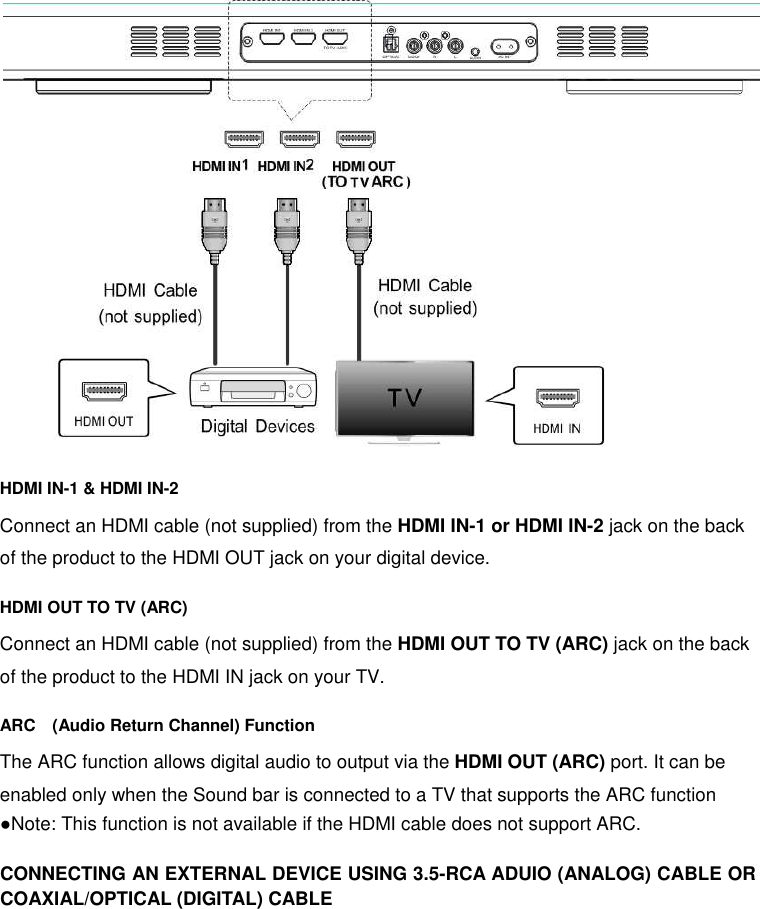  HDMI IN-1 &amp; HDMI IN-2 Connect an HDMI cable (not supplied) from the HDMI IN-1 or HDMI IN-2 jack on the back of the product to the HDMI OUT jack on your digital device. HDMI OUT TO TV (ARC) Connect an HDMI cable (not supplied) from the HDMI OUT TO TV (ARC) jack on the back of the product to the HDMI IN jack on your TV.   ARC (Audio Return Channel) Function The ARC function allows digital audio to output via the HDMI OUT (ARC) port. It can be enabled only when the Sound bar is connected to a TV that supports the ARC function   ●Note: This function is not available if the HDMI cable does not support ARC.  CONNECTING AN EXTERNAL DEVICE USING 3.5-RCA ADUIO (ANALOG) CABLE OR COAXIAL/OPTICAL (DIGITAL) CABLE 