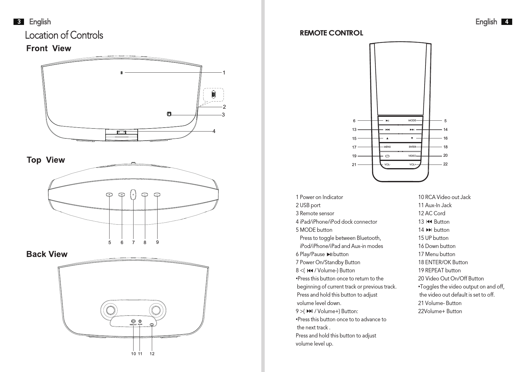 English3English 4REMOTE CONTROLMODEMENU ENTERVIDEOVOL- VOL+61315171921514161820221 Power on Indicator 2 USB port3 Remote sensor4 iPad/iPhone/iPod dock connector 5 MODE button   Press to toggle between Bluetooth,    iPod/iPhone/iPad and Aux-in modes6 Play/Pause      button7 Power On/Standby Button8 &lt;(       / Volume-) Button•Press this button once to return to the  beginning of current track or previous track. Press and hold this button to adjust  volume level down.9 &gt;(       / Volume+) Button:•Press this button once to to advance to the next track .Press and hold this button to adjust volume level up.10 RCA Video out Jack 11 Aux-In Jack12 AC Cord 13       Button14       button 15 UP button16 Down button17 Menu button18 ENTER/OK Button 19 REPEAT button 20 Video Out On/Off Button•Toggles the video output on and off,  the video out default is set to off.21 Volume- Button22Volume+ ButtonVIDEO OUT AUX-IN10 11 12M5 6 7891342