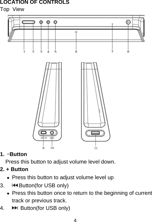  4LOCATION OF CONTROLS Top  View                          1. -Button   Press this button to adjust volume level down. 2. + Button  z Press this button to adjust volume level up  3.  Button(for USB only) z Press this button once to return to the beginning of current track or previous track. 4.   Button(for USB only) 