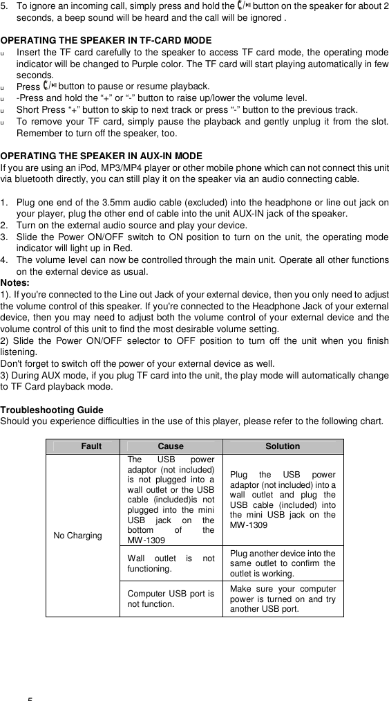  5 5.  To ignore an incoming call, simply press and hold the   button on the speaker for about 2 seconds, a beep sound will be heard and the call will be ignored .   OPERATING THE SPEAKER IN TF-CARD MODE u Insert the TF card carefully to the speaker to access TF card mode, the operating mode indicator will be changed to Purple color. The TF card will start playing automatically in few seconds. u Press   button to pause or resume playback.  u -Press and hold the “+” or “-” button to raise up/lower the volume level. u Short Press “+” button to skip to next track or press “-” button to the previous track. u To remove your TF card, simply pause the playback and gently unplug it from the slot. Remember to turn off the speaker, too.  OPERATING THE SPEAKER IN AUX-IN MODE If you are using an iPod, MP3/MP4 player or other mobile phone which can not connect this unit via bluetooth directly, you can still play it on the speaker via an audio connecting cable.   1.  Plug one end of the 3.5mm audio cable (excluded) into the headphone or line out jack on your player, plug the other end of cable into the unit AUX-IN jack of the speaker. 2.  Turn on the external audio source and play your device. 3.  Slide the Power ON/OFF switch to ON position to turn on the unit, the operating mode indicator will light up in Red. 4.  The volume level can now be controlled through the main unit. Operate all other functions on the external device as usual. Notes: 1). If you&apos;re connected to the Line out Jack of your external device, then you only need to adjust the volume control of this speaker. If you&apos;re connected to the Headphone Jack of your external device, then you may need to adjust both the volume control of your external device and the volume control of this unit to find the most desirable volume setting. 2)  Slide the Power ON/OFF selector  to OFF position to turn off the unit  when you finish listening. Don&apos;t forget to switch off the power of your external device as well. 3) During AUX mode, if you plug TF card into the unit, the play mode will automatically change to TF Card playback mode.   Troubleshooting Guide Should you experience difficulties in the use of this player, please refer to the following chart.   Fault  Cause  Solution No Charging The USB power adaptor (not included) is not plugged into a wall outlet or the USB cable (included)is not plugged into the mini USB jack on the bottom of the MW-1309 Plug the USB power adaptor (not included) into a wall outlet and plug the USB cable (included)  into the mini USB jack on the MW-1309 Wall outlet is  not functioning. Plug another device into the same outlet to confirm the outlet is working. Computer USB port is not function. Make sure your computer power is turned on and try another USB port. 