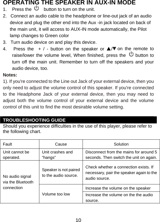  10  OPERATING THE SPEAKER IN AUX-IN MODE 1.  Press the     button to turn on the unit. 2.   Connect an audio cable to the headphone or line-out jack of an audio device and plug the other end into the Aux -in jack located on back of the main unit, it will access to AUX-IN mode automatically, the Pilot lamp changes to Green color 3.   Turn audio device on and play this device. 4.   Press the  + / - button on the speaker or ▲/ on the remote to raise/lower the volume level, When finished, press the    button to turn off the main unit. Remember to turn off the speakers and your audio device, too. Notes: 1). If you&apos;re connected to the Line out Jack of your external device, then you only need to adjust the volume control of this speaker. If you&apos;re connected to the Headphone Jack of your external device, then you may need to adjust both the volume control of your external device and the volume control of this unit to find the most desirable volume setting.  TROUBLESHOOTING GUIDE  Should you experience difficulties in the use of this player, please refer to the following chart.   Fault Cause  Solution Unit cannot be operated. Unit crashes and “hangs” Disconnect from the mains for around 5 seconds. Then switch the unit on again. No audio signal via the Bluetooth connection Speaker is not paired to the audio source. Check whether a connection exists. If necessary, pair the speaker again to the audio source. Volume too low Increase the volume on the speaker Increase the volume on the the audio source. 