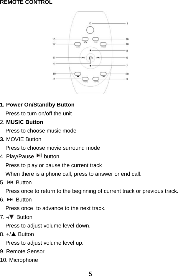  5 REMOTE CONTROL      1. Power On/Standby Button  Press to turn on/off the unit 2. MUSIC Button Press to choose music mode 3. MOVIE Button Press to choose movie surround mode 4. Play/Pause button Press to play or pause the current track  When there is a phone call, press to answer or end call. 5.   Button Press once to return to the beginning of current track or previous track. 6.   Button Press once  to advance to the next track. 7. -/   Button Press to adjust volume level down. 8. +/▲ Button Press to adjust volume level up. 9. Remote Sensor 10. Microphone 